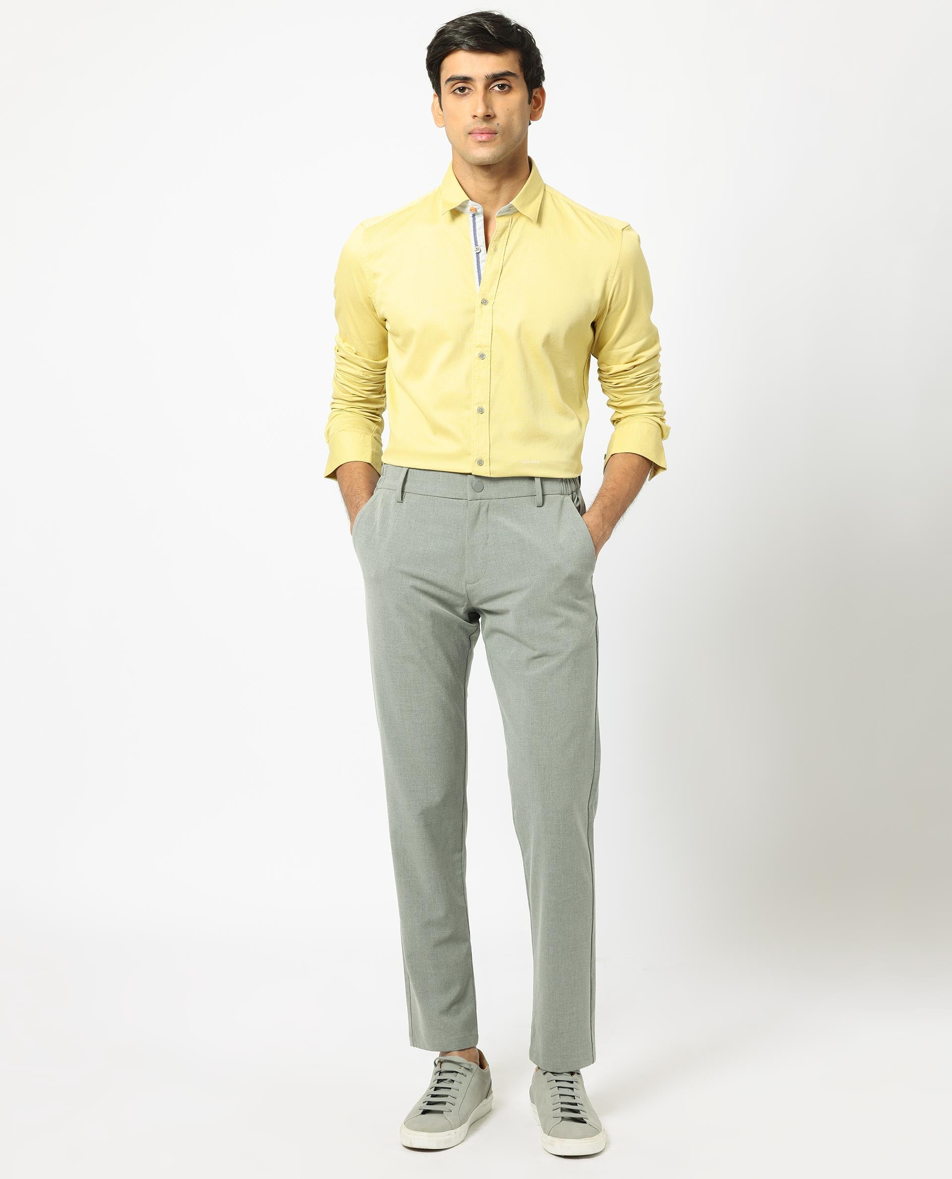 Rare Rabbit Men's Mond Yellow Cotton Plain Regular Fit Full Sleeve Collared Shirt