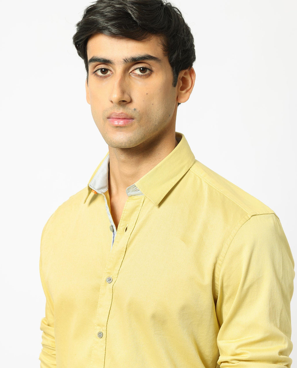 Rare Rabbit Men's Mond Yellow Cotton Plain Regular Fit Full Sleeve Collared Shirt