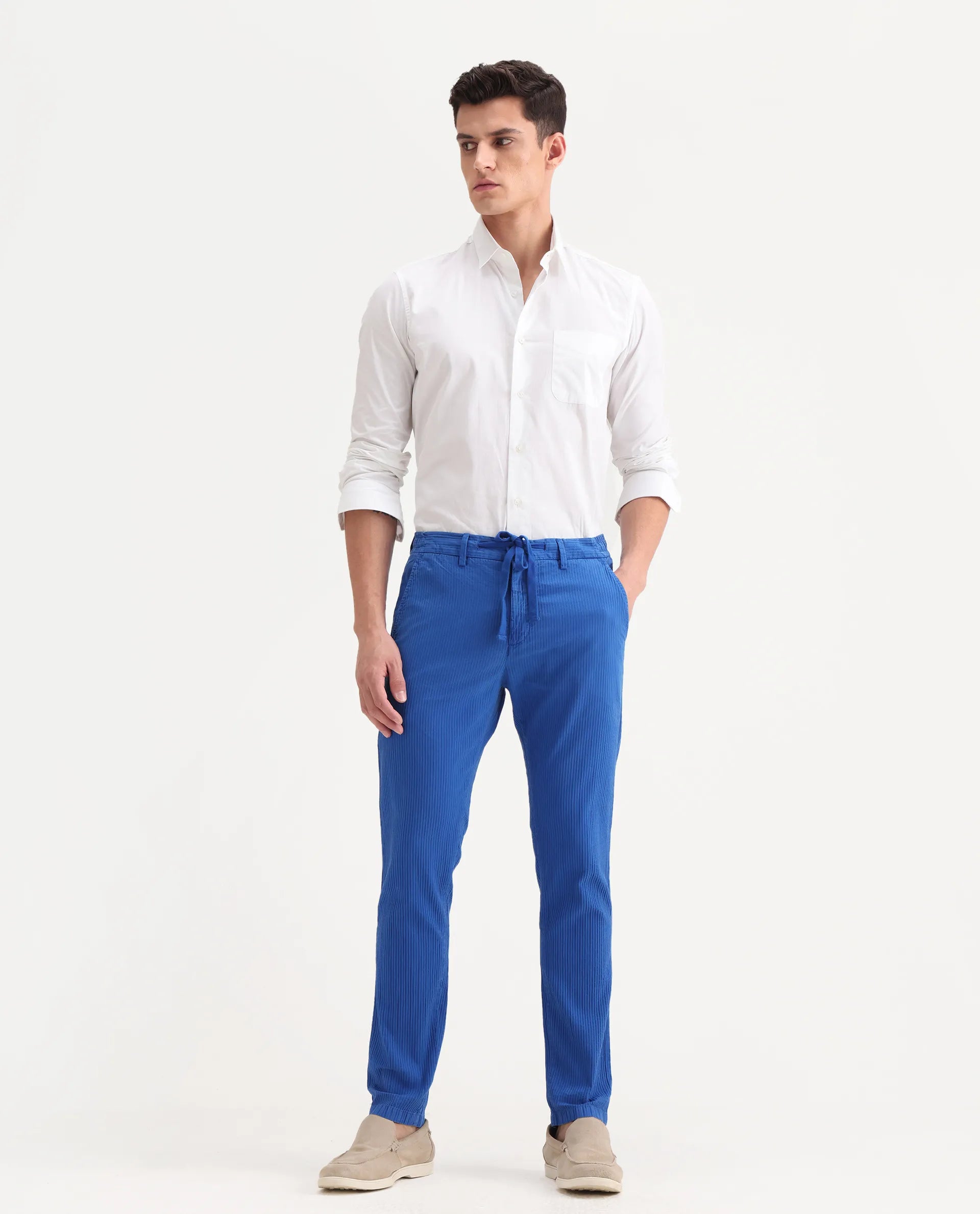 Rare Rabbit Men's Monter Fluorescent Blue Cotton Striped Print Regular Fit Trouser