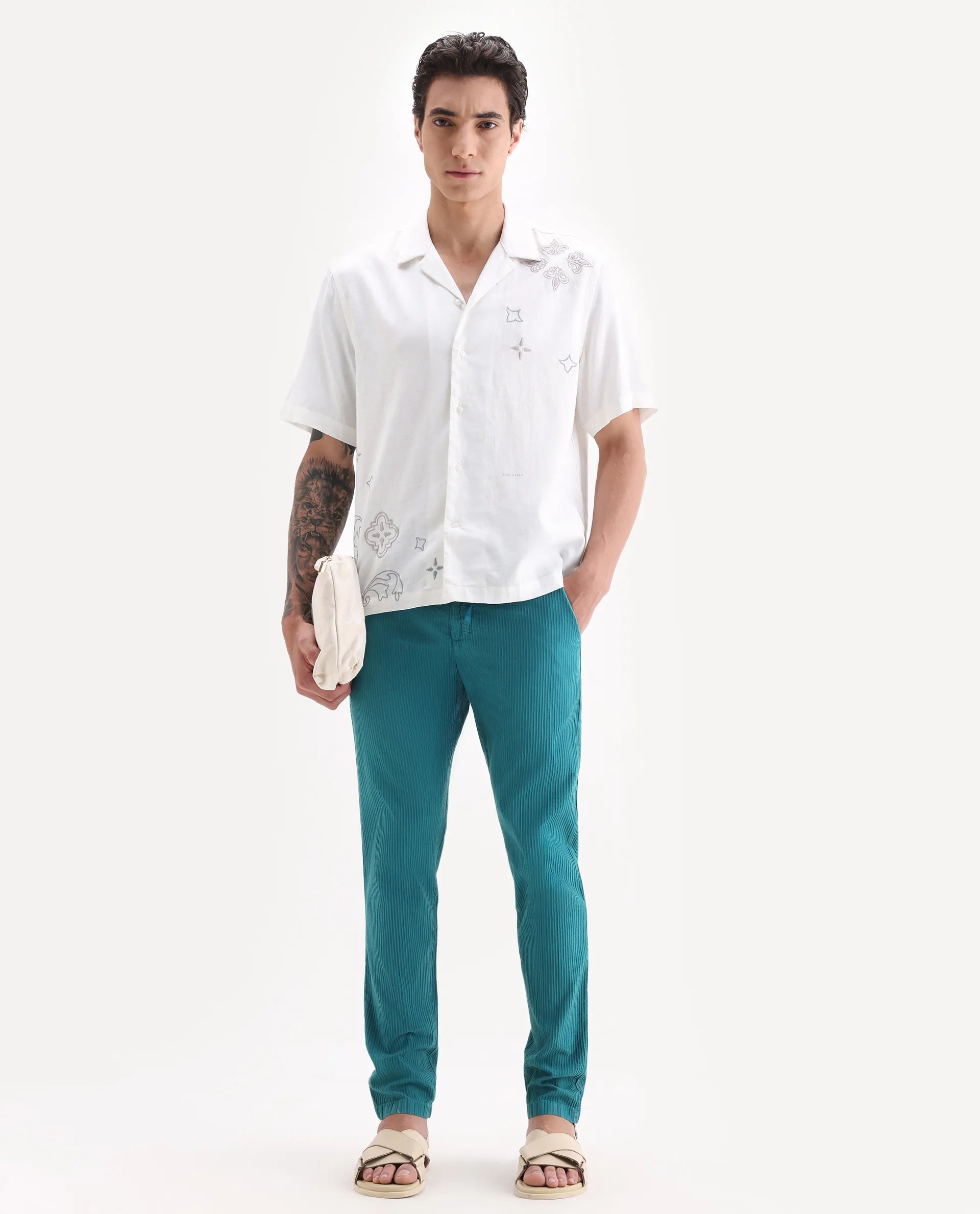 Rare Rabbit Men's Monter Green Cotton Striped Print Regular Fit Trouser