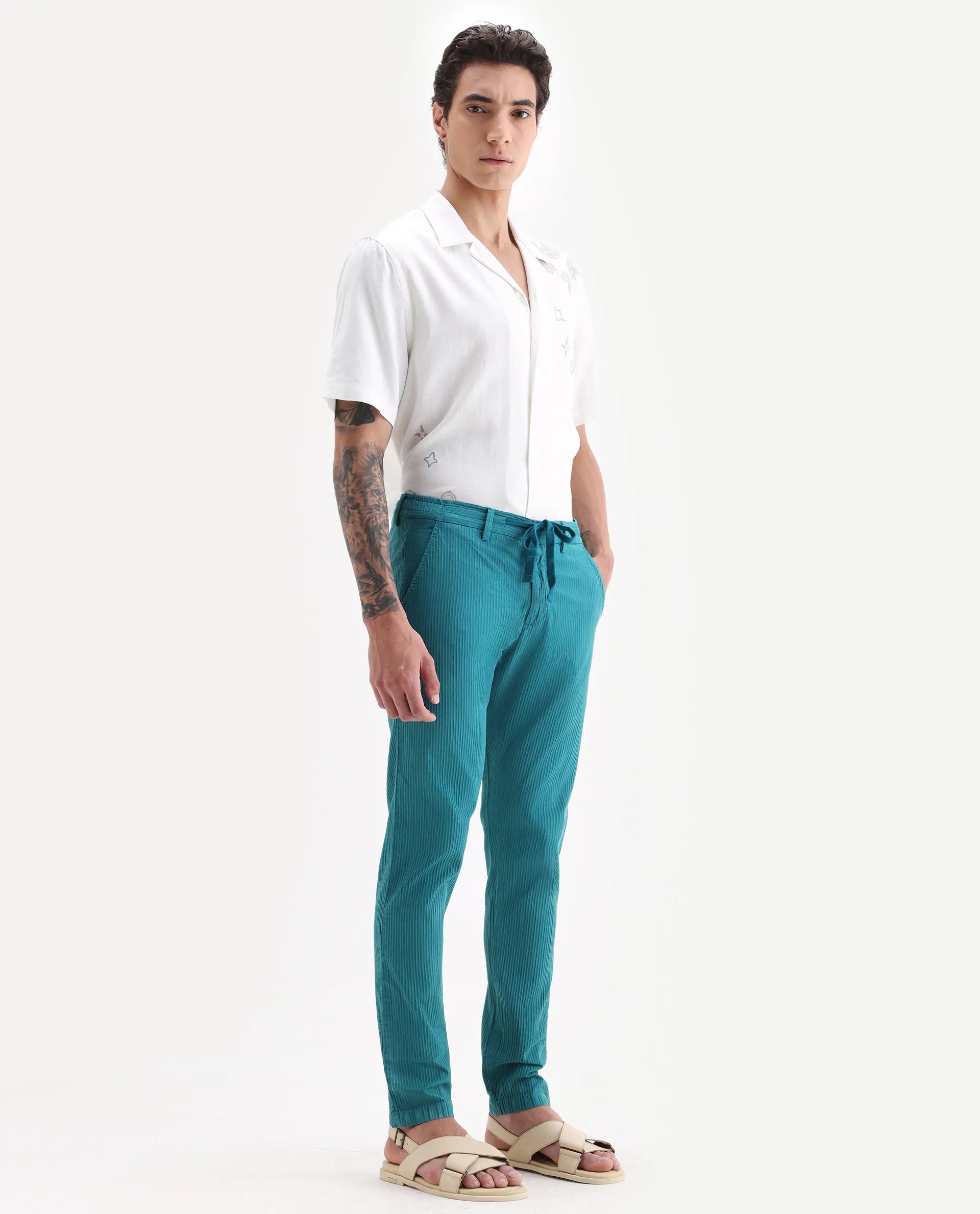 Rare Rabbit Men's Monter Green Cotton Striped Print Regular Fit Trouser