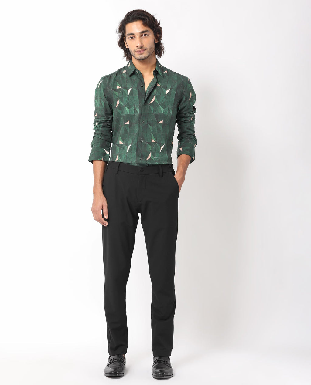 Rare Rabbit Men's Mose Green Viscose Geometric Print Regular Fit Full Sleeve Collared Shirt