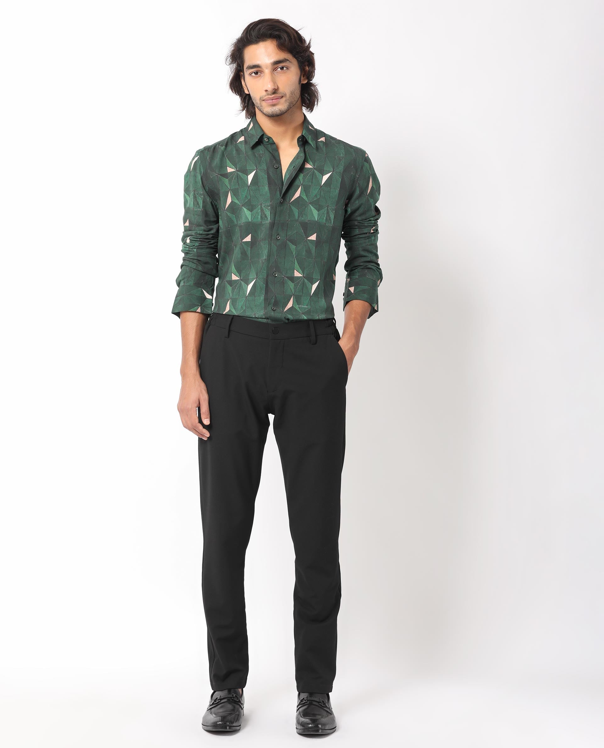 Rare Rabbit Men's Mose Green Viscose Geometric Print Regular Fit Full Sleeve Collared Shirt