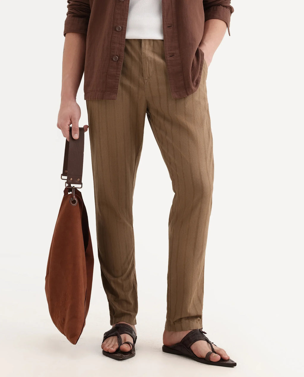 Rare Rabbit Men's Murray Brown Cotton Blend Striped Print Regular Fit Trouser