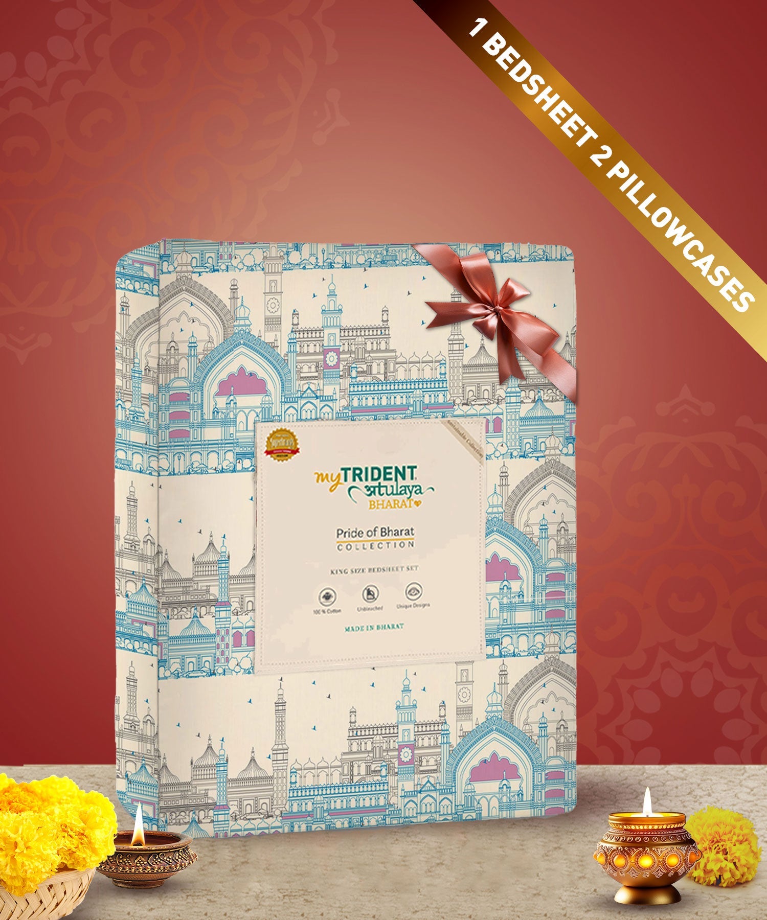 Atulaya Bharat King Bedsheet Set, Muskuraiye Aap Lucknow|144 TC Cotton|2 Pillow Covers