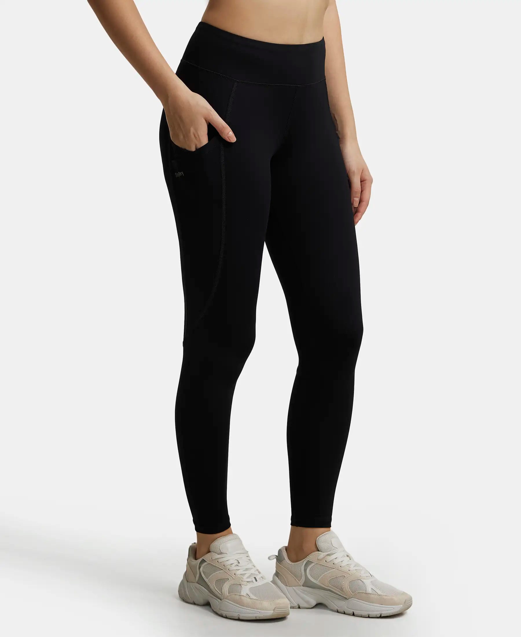 Tactel Microfiber Elastane Stretch Performance Leggings with Broadwaistband & Side Pockets - Black