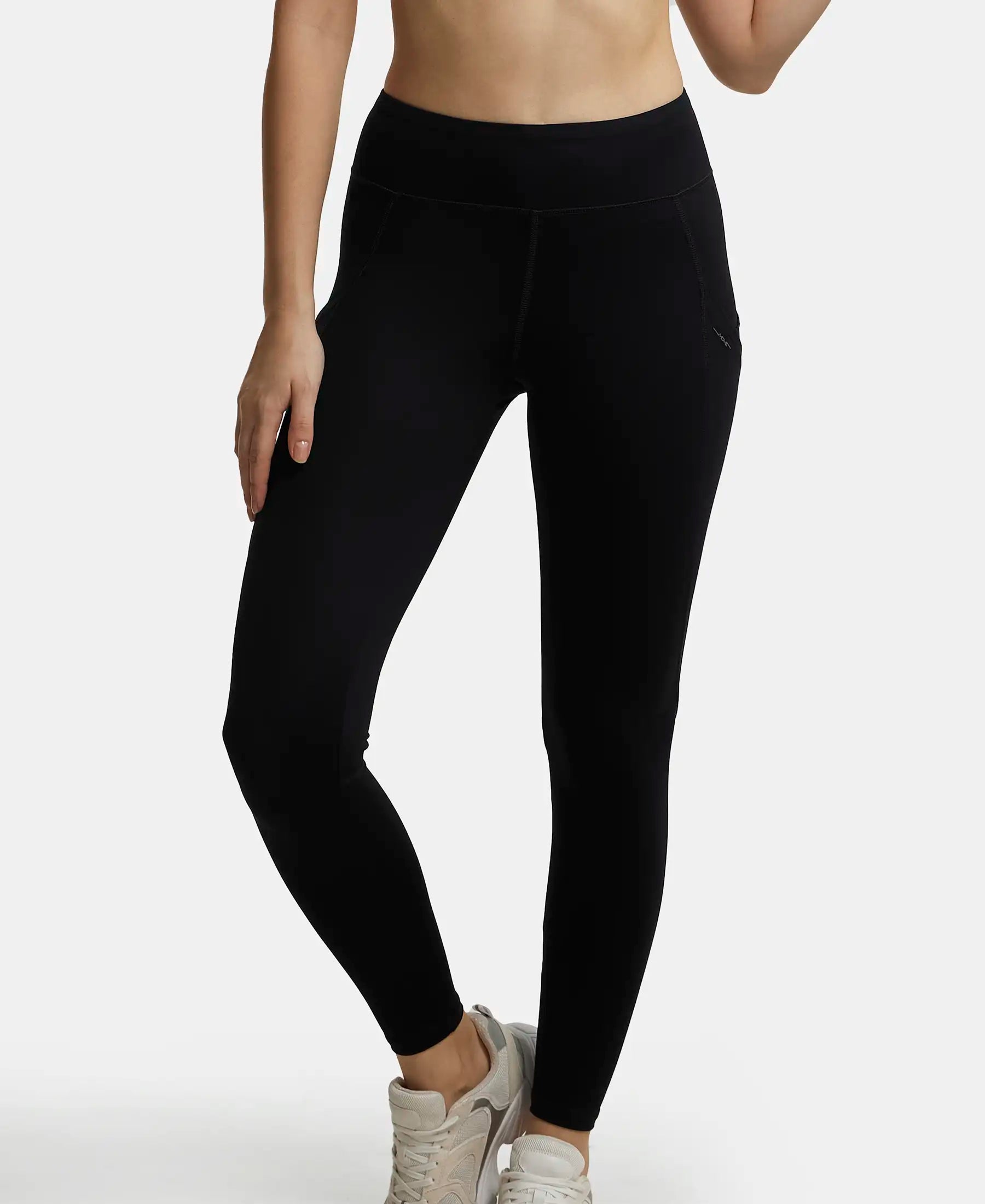 Tactel Microfiber Elastane Stretch Performance Leggings with Broadwaistband & Side Pockets - Black