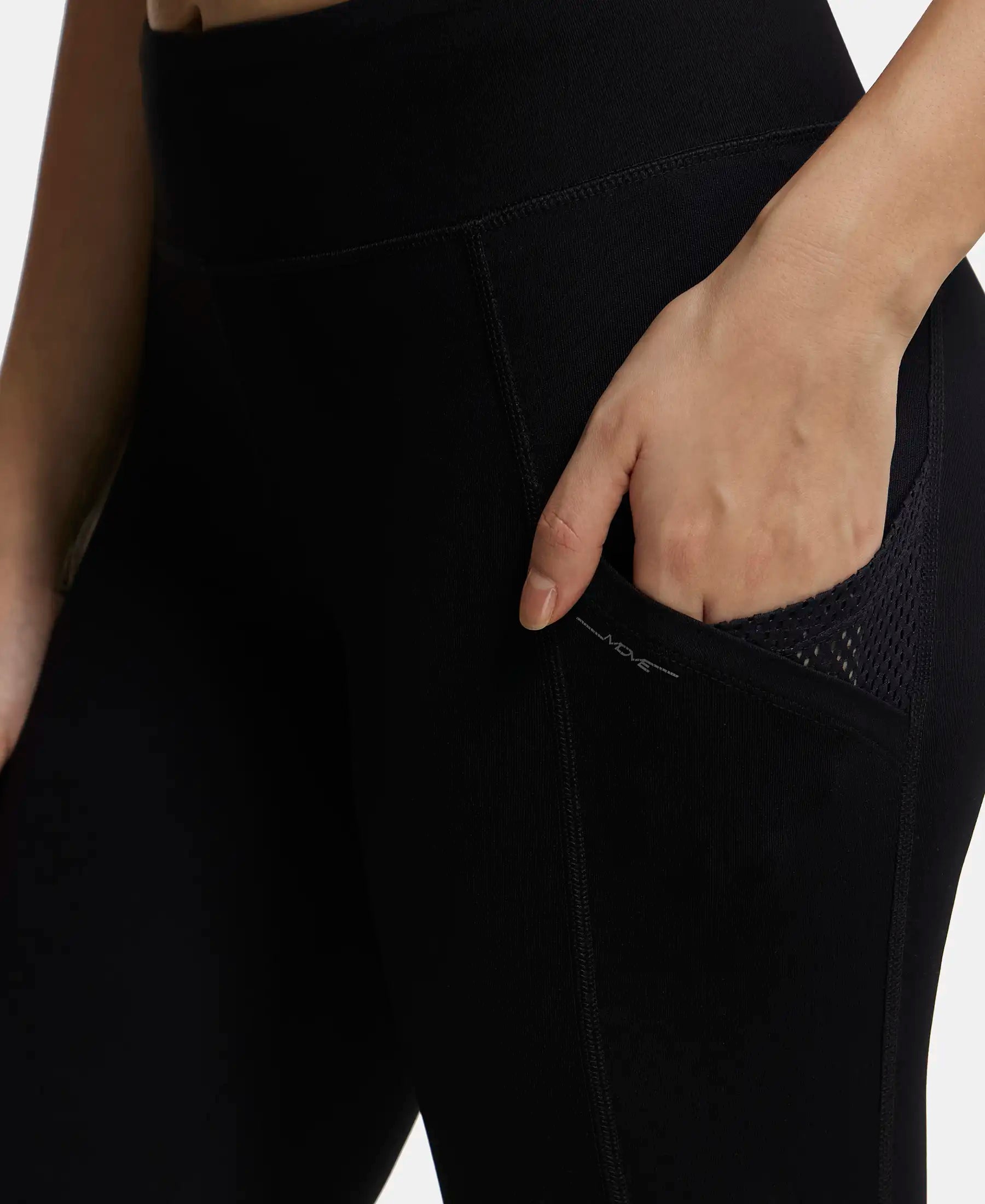 Tactel Microfiber Elastane Stretch Performance Leggings with Broadwaistband & Side Pockets - Black