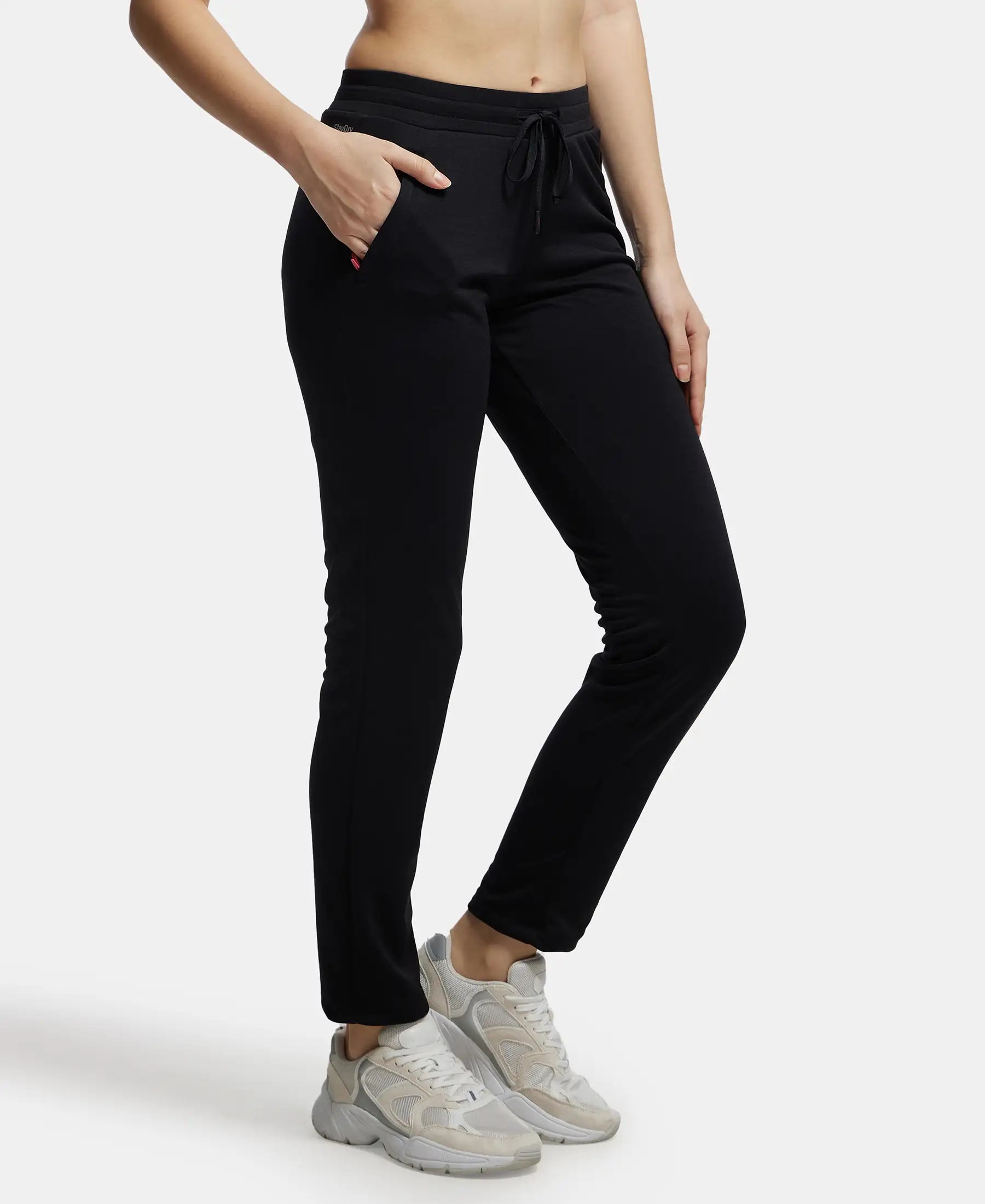 Microfiber Fabric Straight Fit Trackpants with Side Zipper Pockets - Black