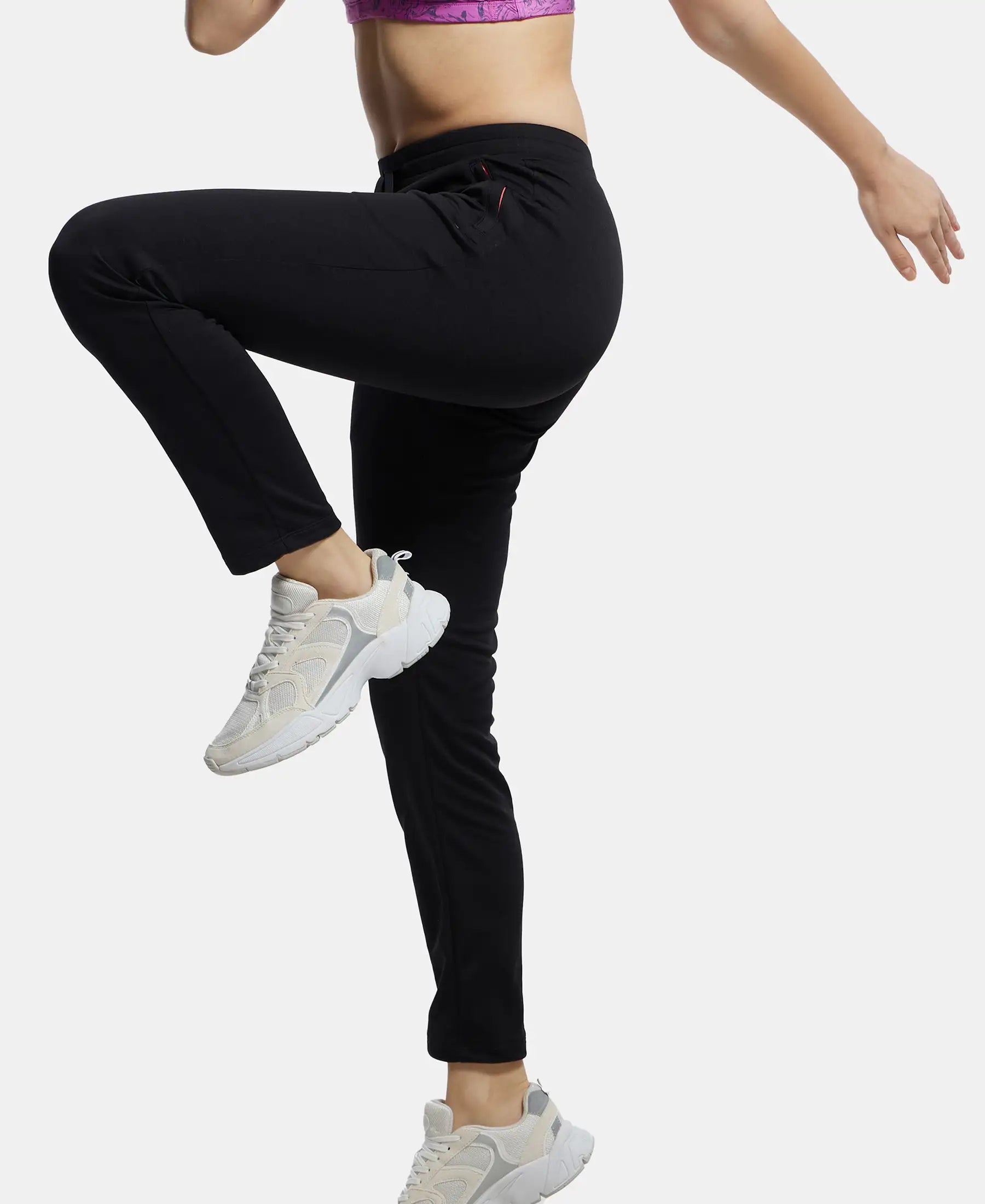 Microfiber Fabric Straight Fit Trackpants with Side Zipper Pockets - Black