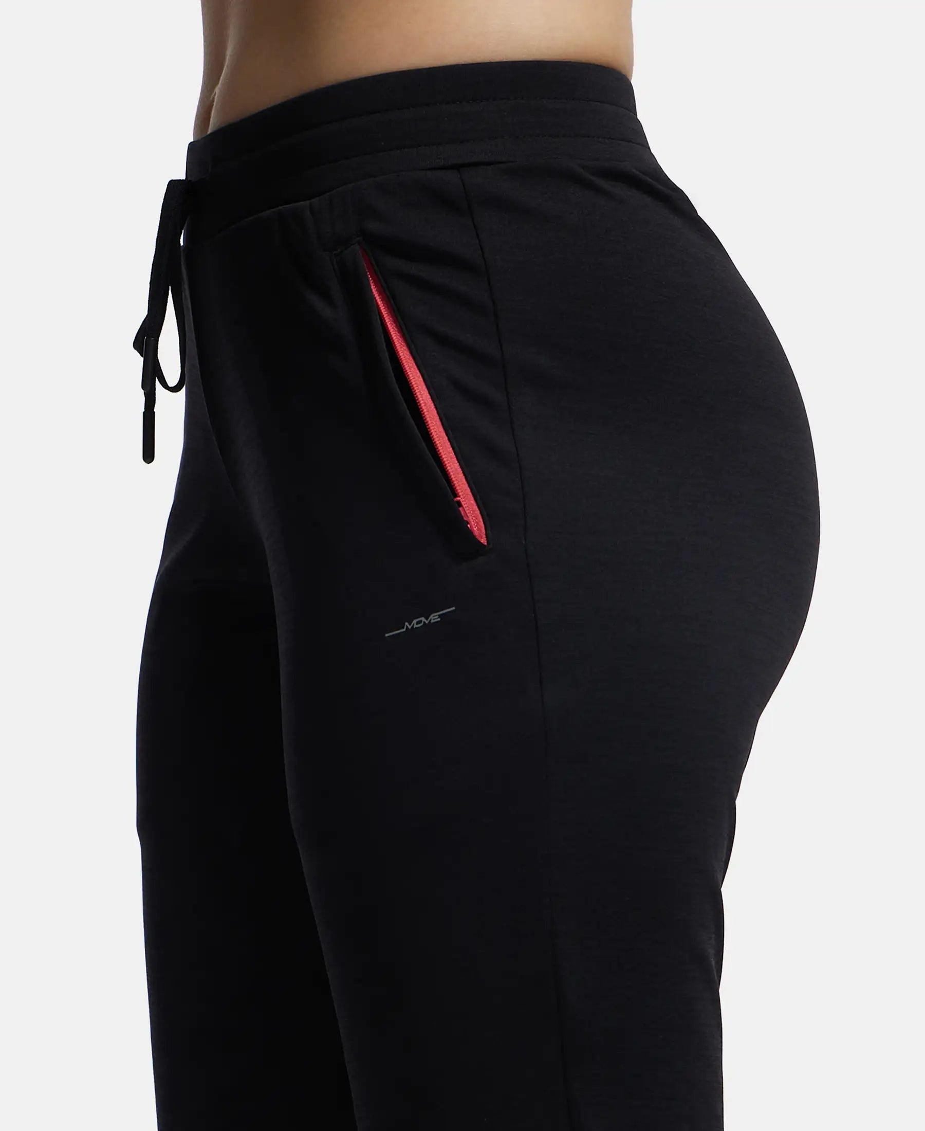 Microfiber Fabric Straight Fit Trackpants with Side Zipper Pockets - Black