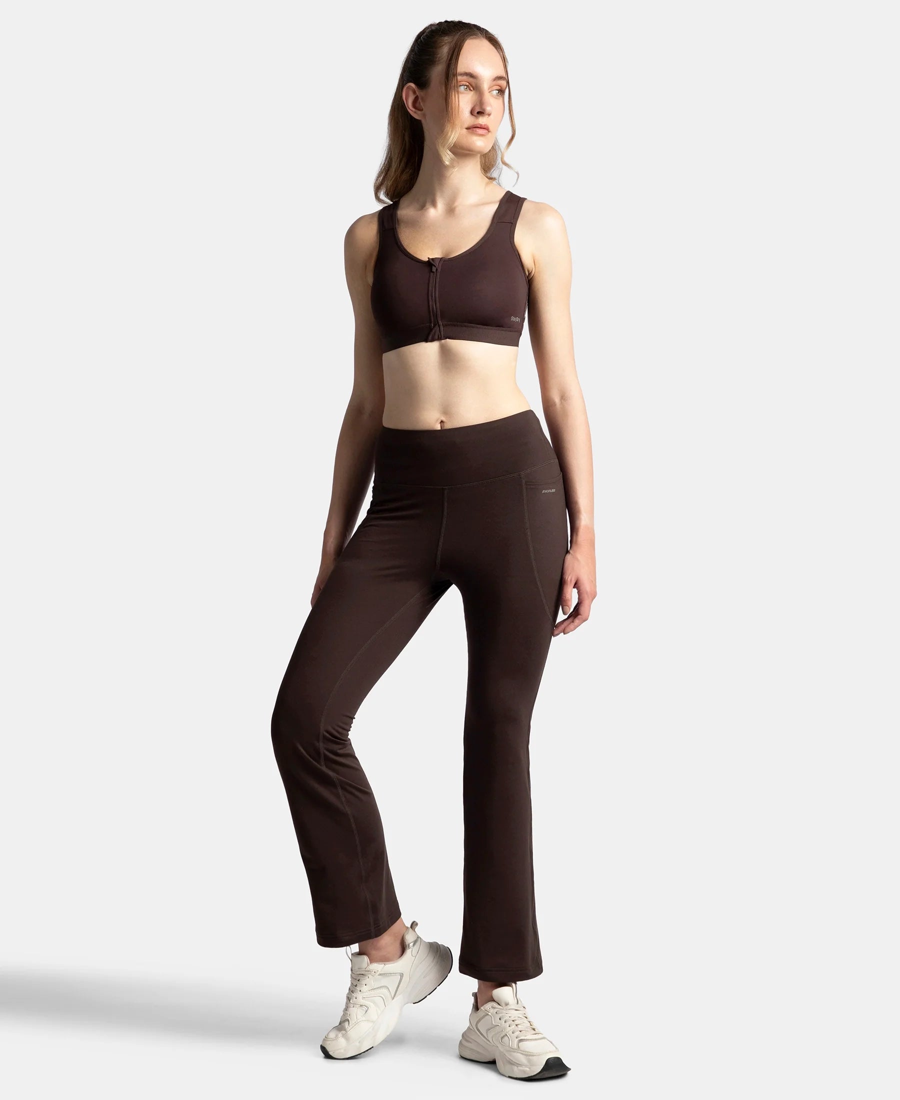 Microfiber Elastane Stretch Regular Fit Flared Pants with StayFresh Treatment - Coffee