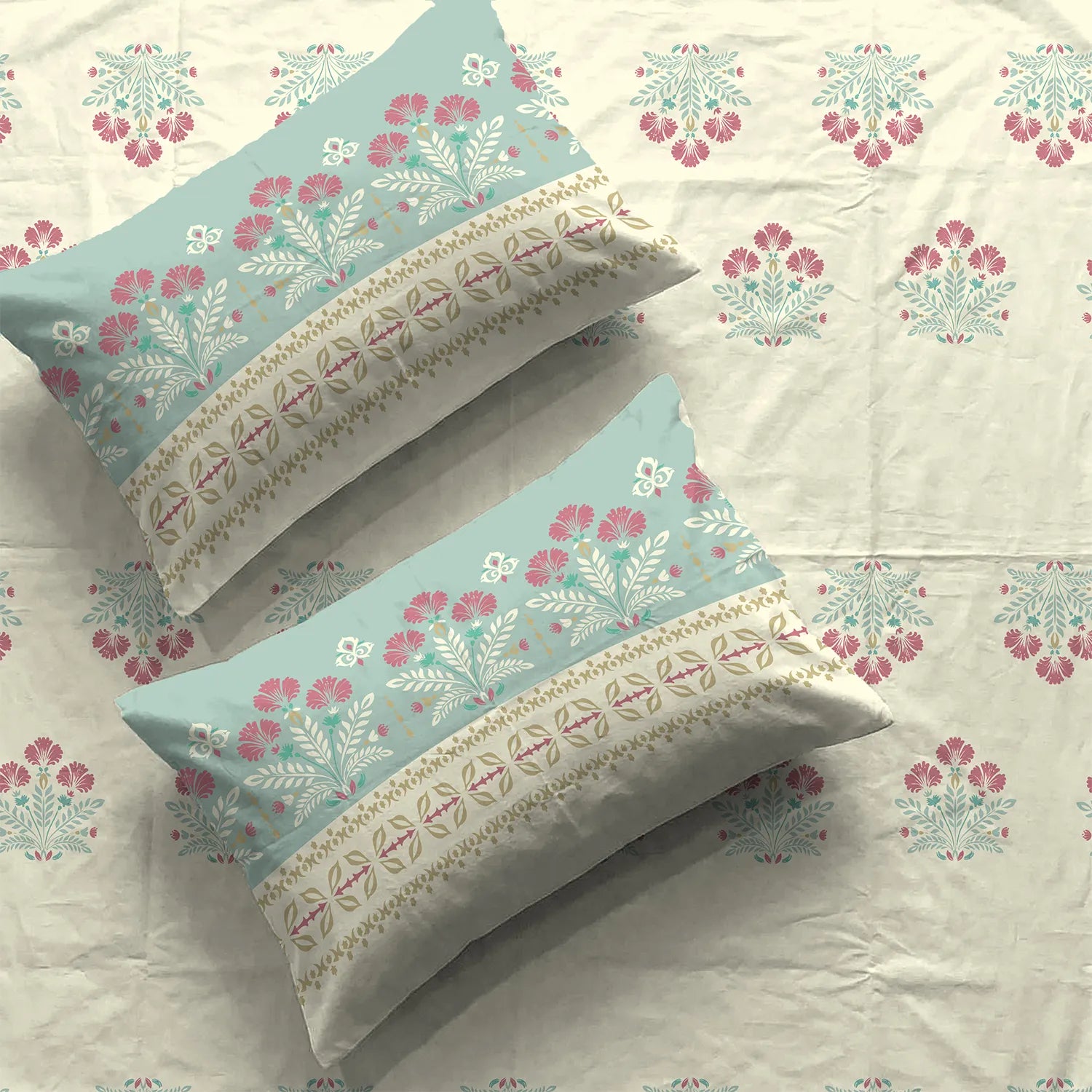 Serene 200 TC 100% Cotton Bedsheet with Pillow Covers - Malhaar Dusty Blue