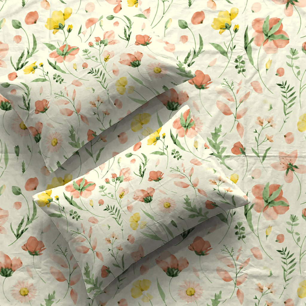 Serene 200 TC 100% Cotton Bedsheet with Pillow Covers - Meadows Buttercream