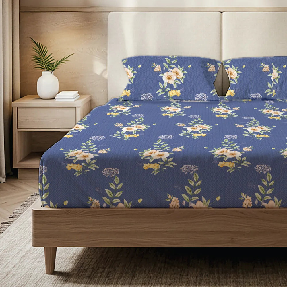 200 TC Glaced Cotton Microfiber Bedsheet with Pillow Covers - Twilight Bloom