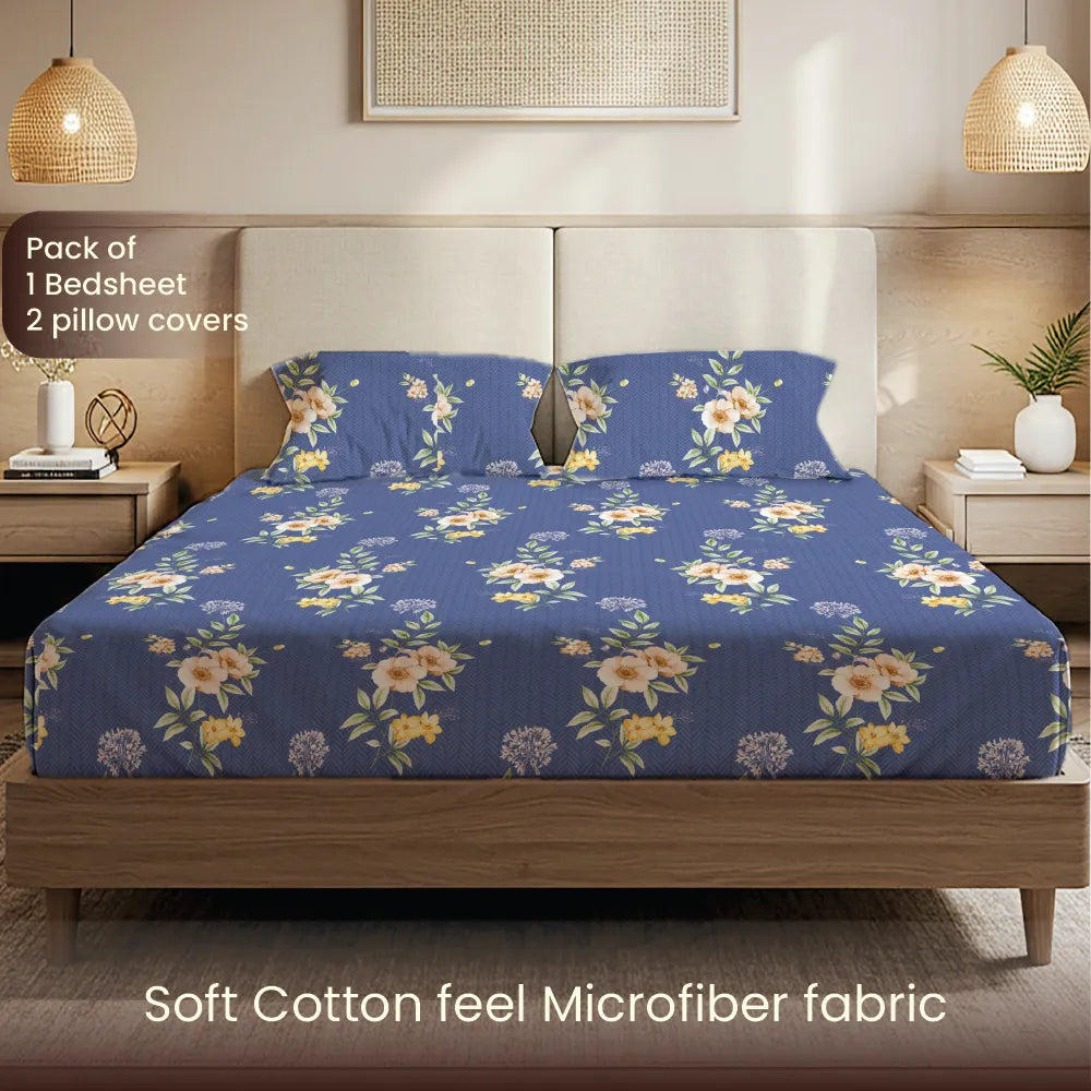 200 TC Glaced Cotton Microfiber Bedsheet with Pillow Covers - Twilight Bloom