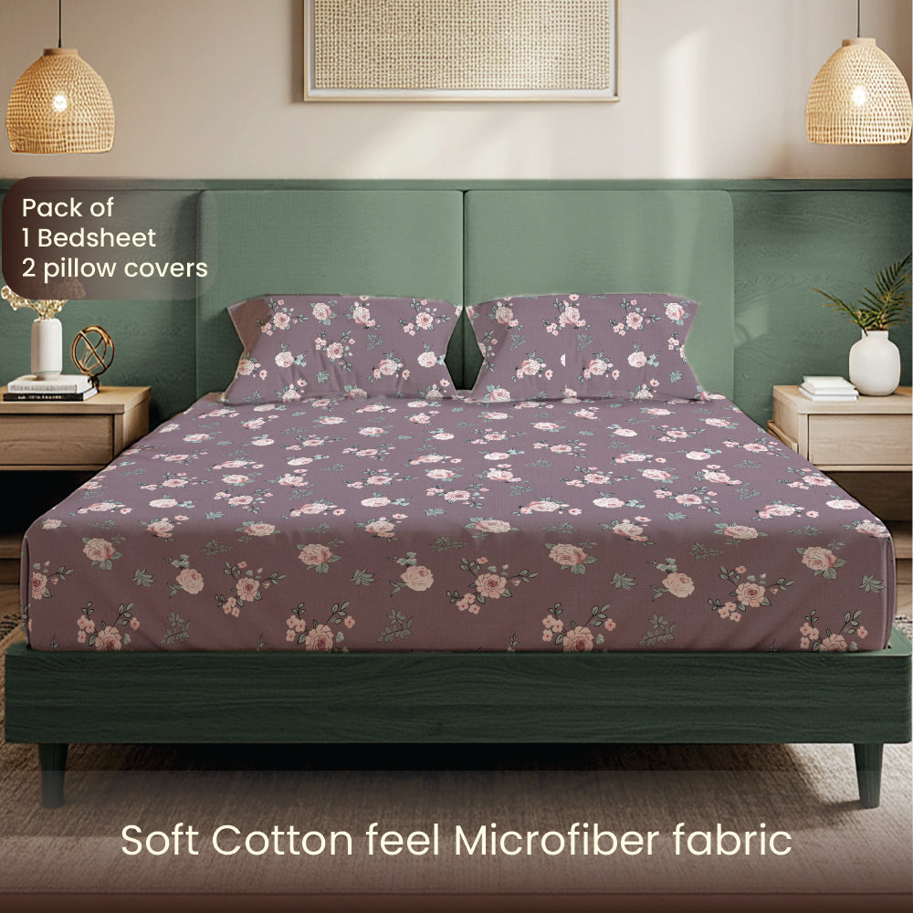 200 TC Glaced Cotton Microfiber Bedsheet with Pillow Covers - Moonlit Blooms