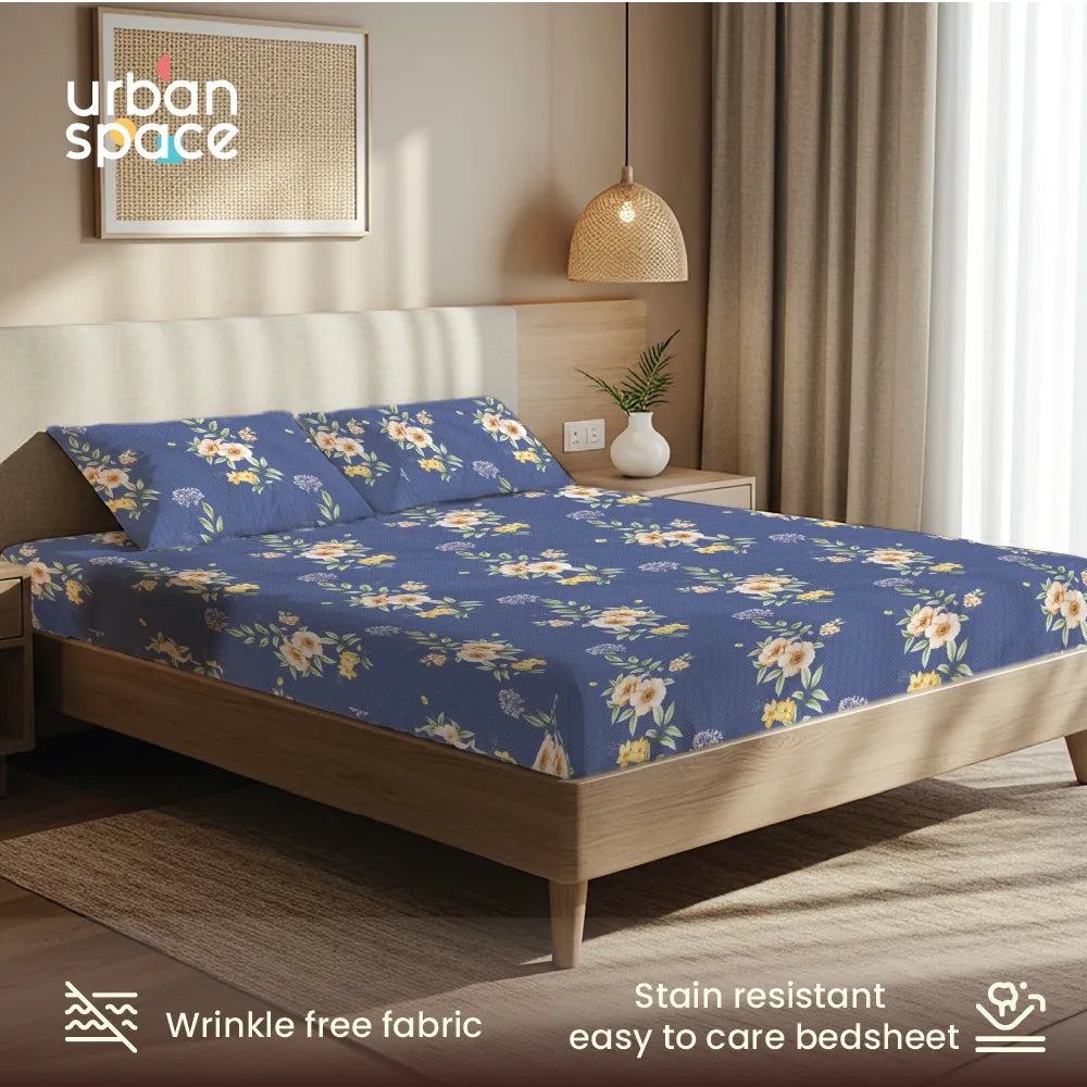 200 TC Glaced Cotton Microfiber Bedsheet with Pillow Covers - Twilight Bloom