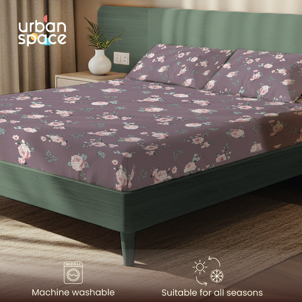 200 TC Glaced Cotton Microfiber Bedsheet with Pillow Covers - Moonlit Blooms