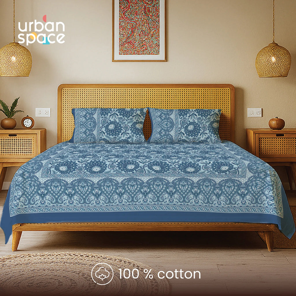 Rajasthani Ethnic 100% Cotton Bedsheet with 2 Pillow Covers, Double & King Bed - Morbagh