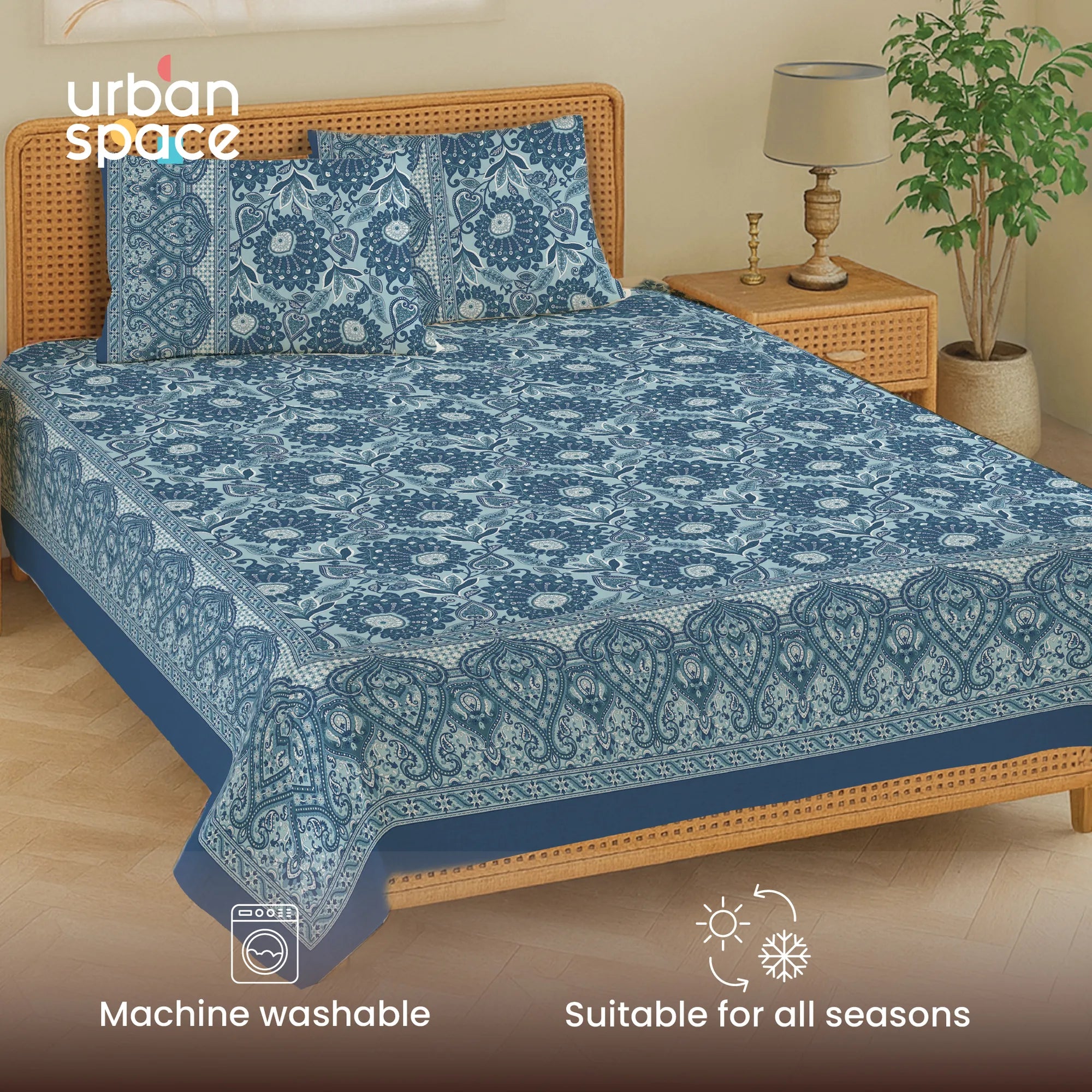 Rajasthani Ethnic 100% Cotton Bedsheet with 2 Pillow Covers, Double & King Bed - Morbagh