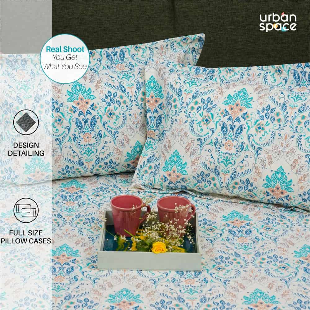 Regal Collection - Breathable 200 TC 100% Pure Cotton Bedsheet with Pillow Cover, Mughal Garden - Blue