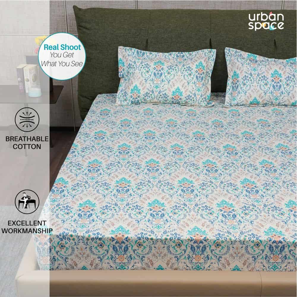 Regal Collection - Breathable 200 TC 100% Pure Cotton Bedsheet with Pillow Cover, Mughal Garden - Blue