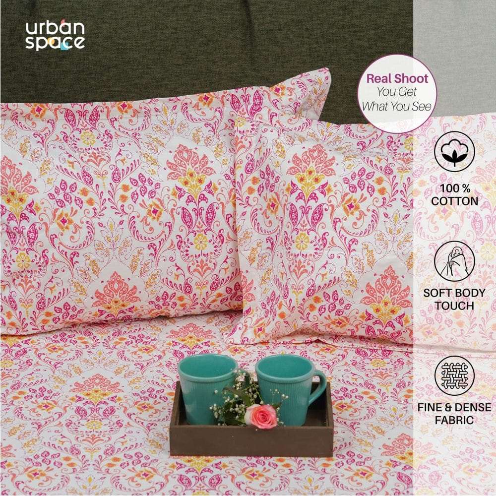 Regal Collection - Breathable 200 TC 100% Pure Cotton Bedsheet with Pillow Cover, Mughal Garden-Peach