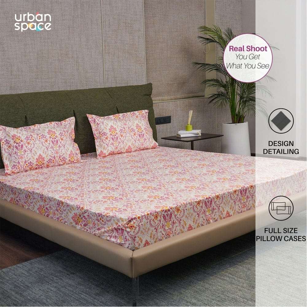 Regal Collection - Breathable 200 TC 100% Pure Cotton Bedsheet with Pillow Cover, Mughal Garden-Peach