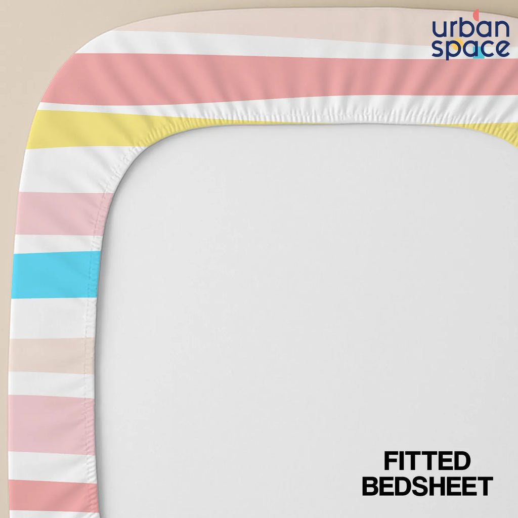 Serene Collection - Breathable 200 TC 100% Pure Cotton Bedsheet with Pillow Cover, MultiColour Stripes-Pastel