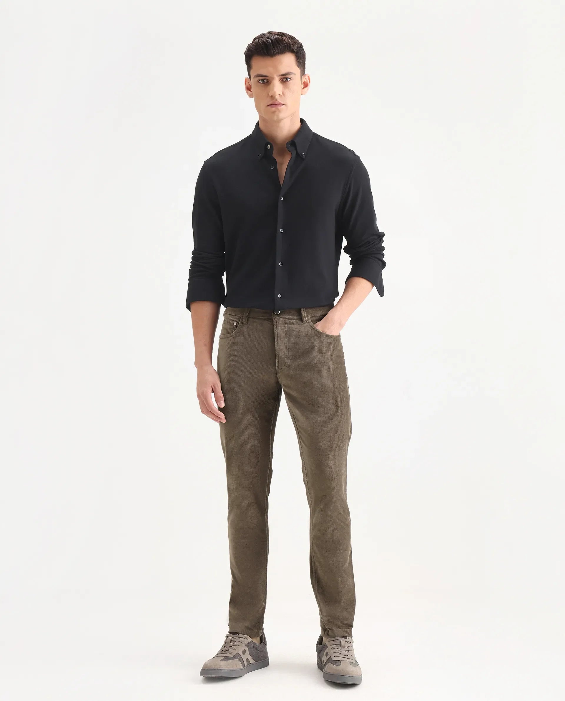 Rare Rabbit Men's Nahor Brown Cotton Plain Regular Fit Trouser
