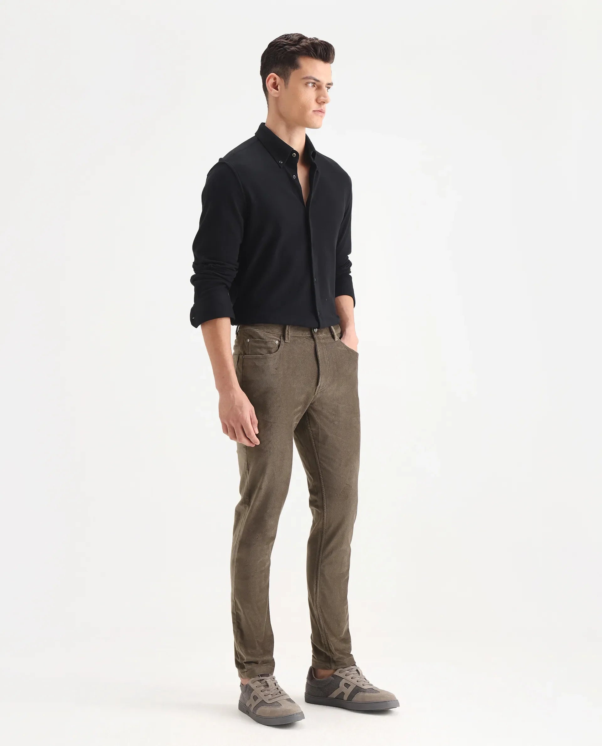 Rare Rabbit Men's Nahor Brown Cotton Plain Regular Fit Trouser