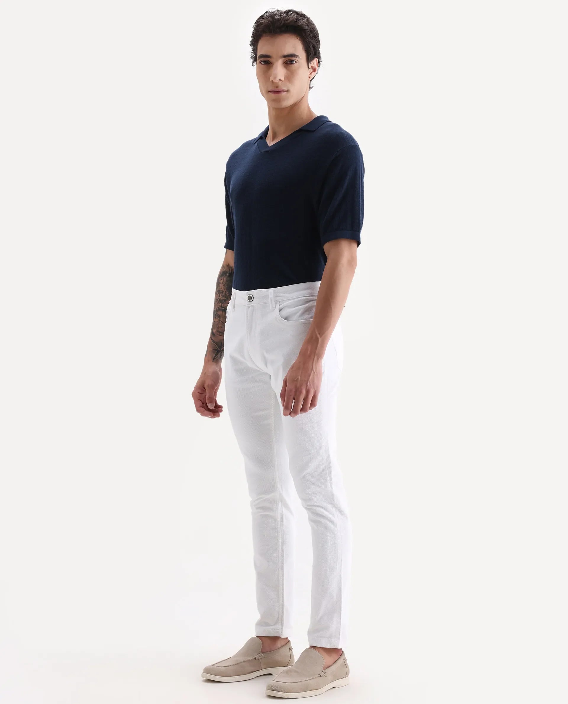 Rare Rabbit Men's Nahor White Cotton Plain Regular Fit Trouser