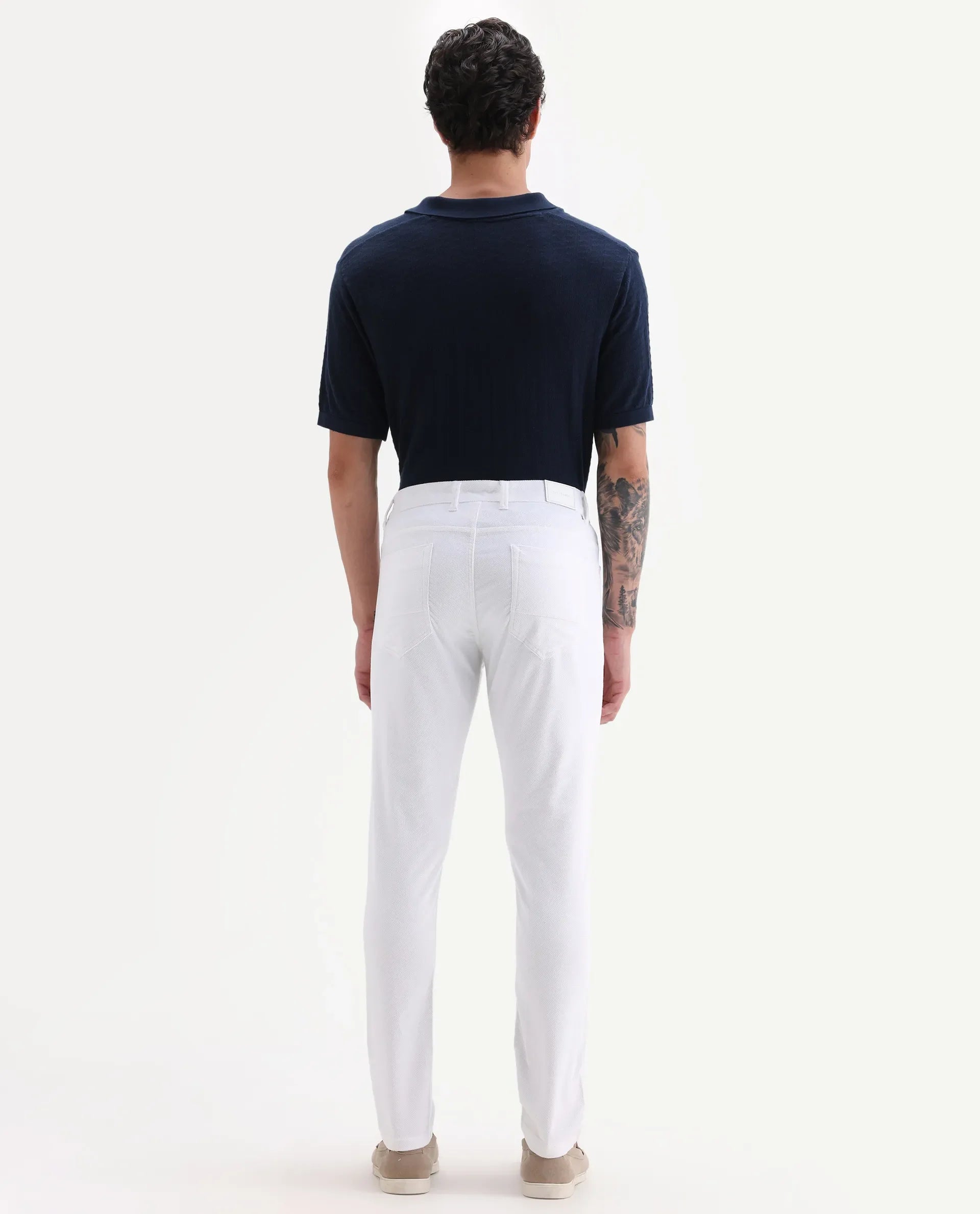Rare Rabbit Men's Nahor White Cotton Plain Regular Fit Trouser