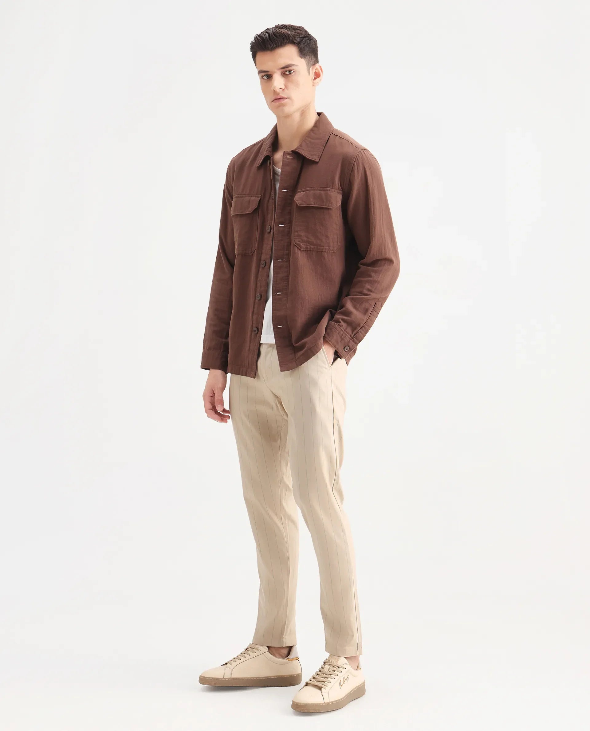 Rare Rabbit Men's Nelo Beige Cotton Striped Print Regular Fit Trouser