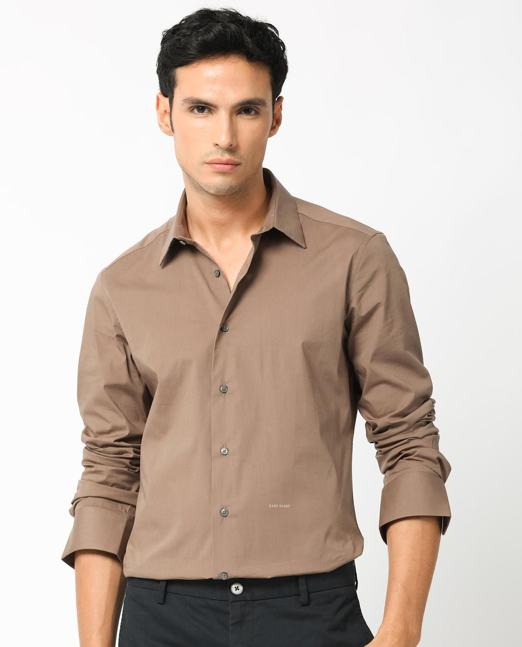 Rare Rabbit Men's Neutons Brown Cotton Plain Regular Fit Full Sleeve Collared Shirt