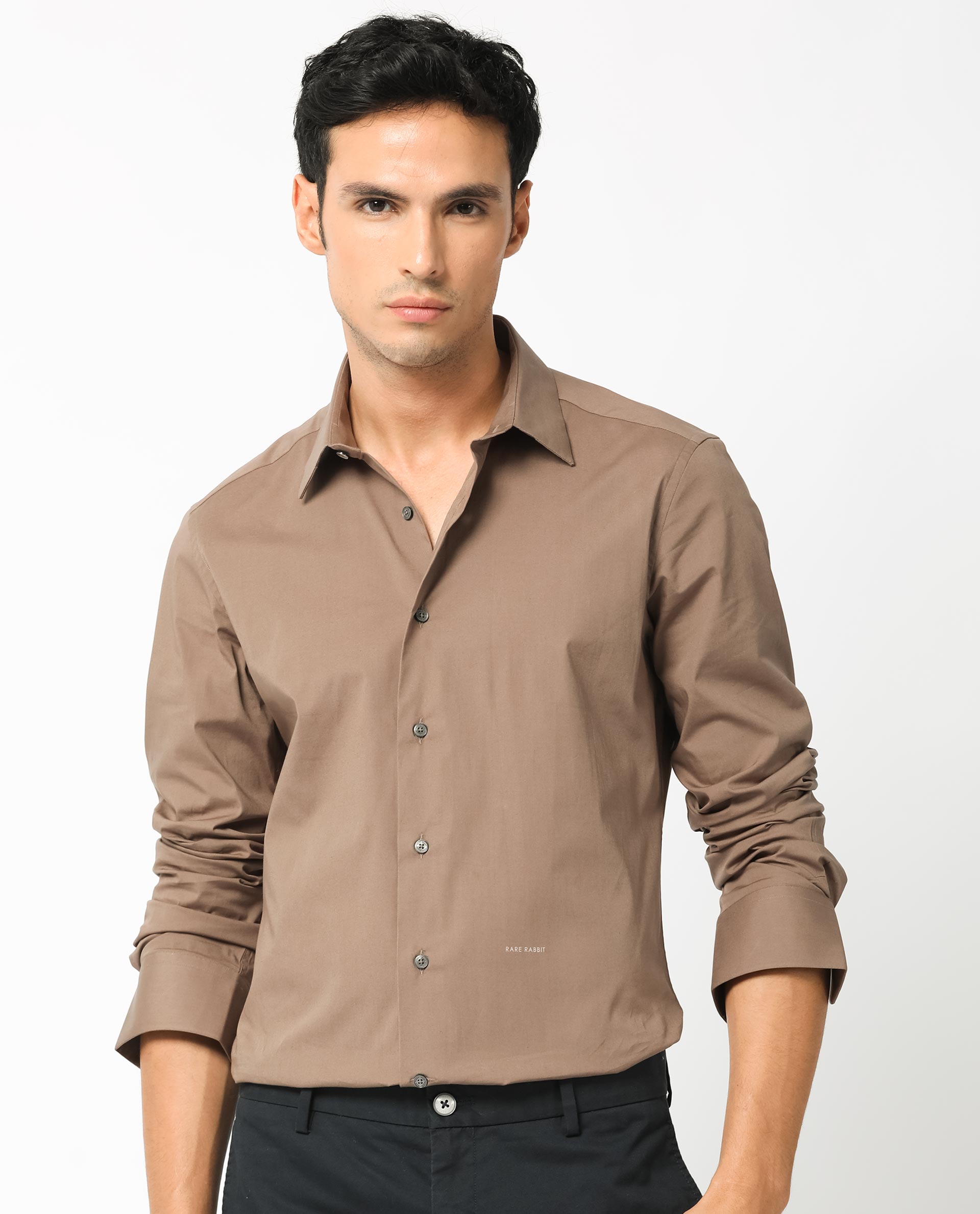 Rare Rabbit Men's Neutons Brown Cotton Plain Regular Fit Full Sleeve Collared Shirt