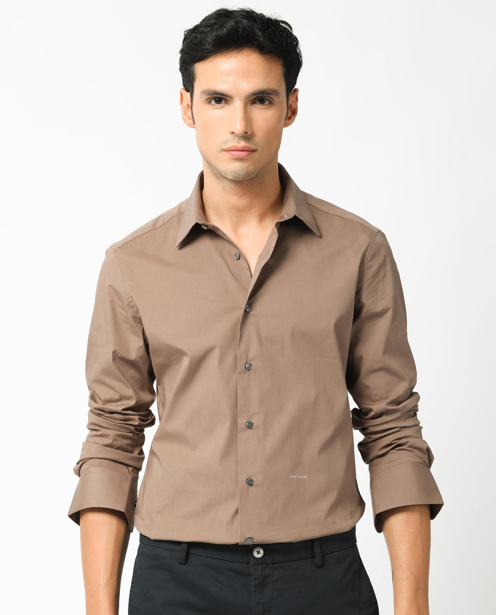 Rare Rabbit Men's Neutons Brown Cotton Plain Regular Fit Full Sleeve Collared Shirt