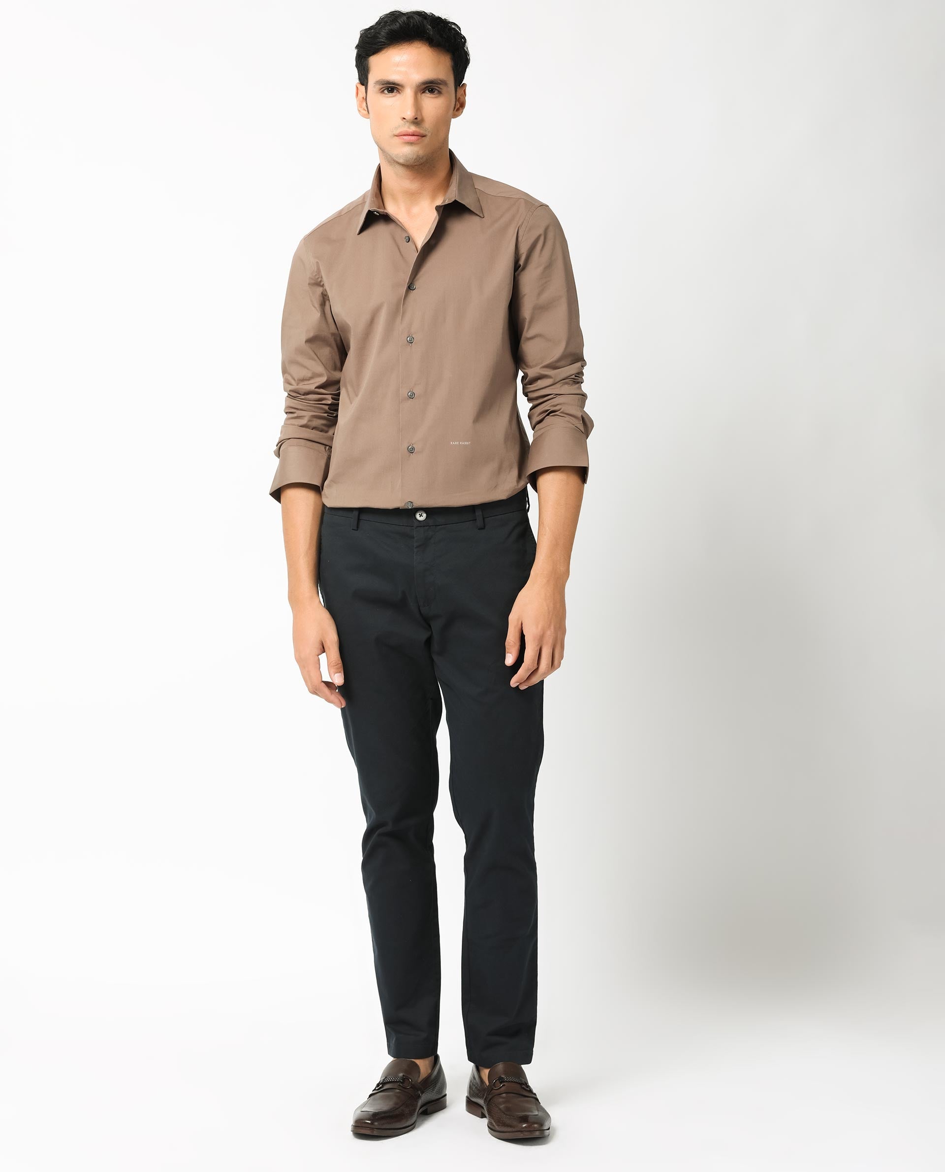Rare Rabbit Men's Neutons Brown Cotton Plain Regular Fit Full Sleeve Collared Shirt
