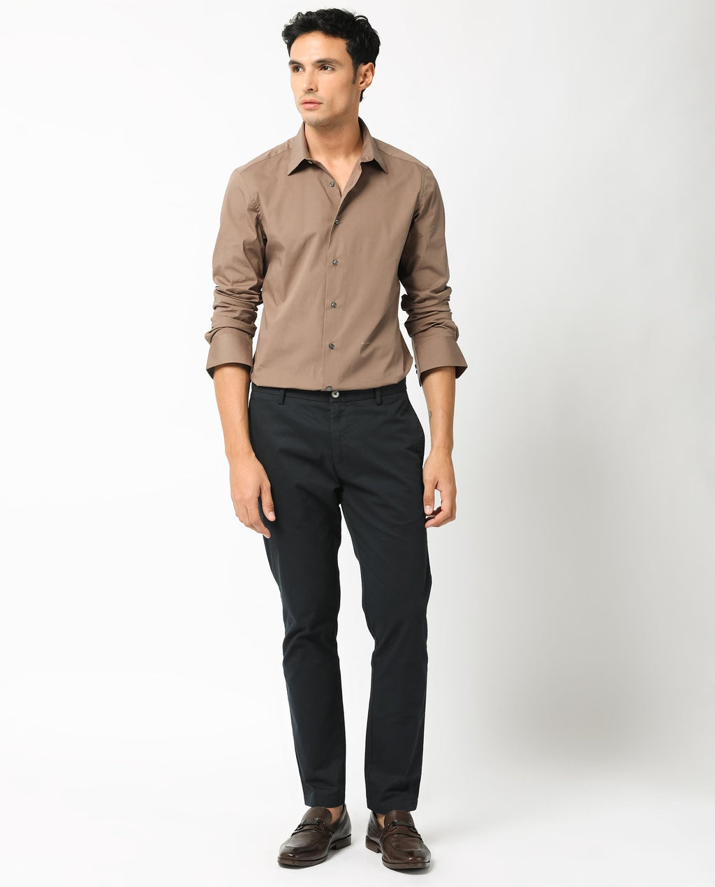 Rare Rabbit Men's Neutons Brown Cotton Plain Regular Fit Full Sleeve Collared Shirt