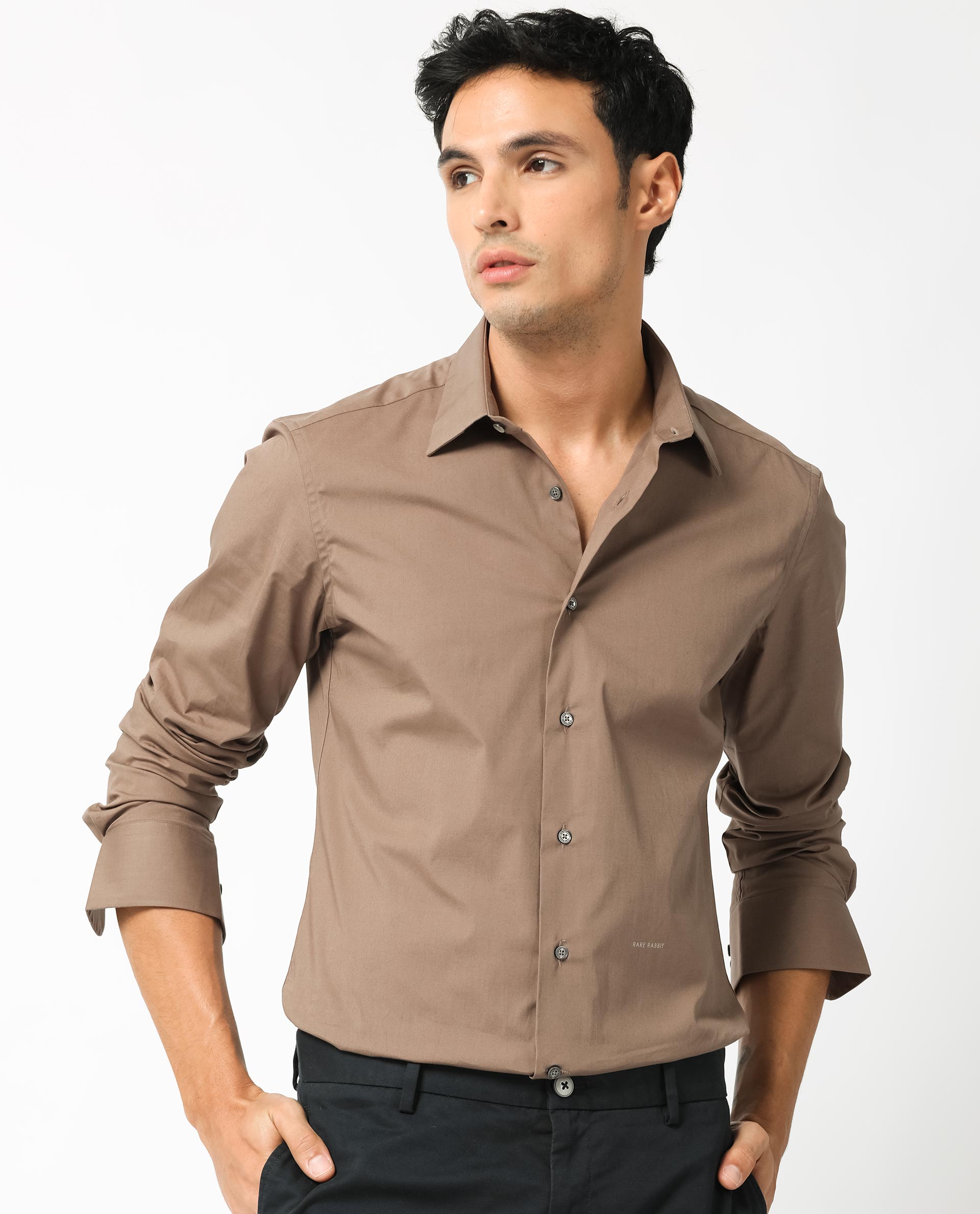 Rare Rabbit Men's Neutons Brown Cotton Plain Regular Fit Full Sleeve Collared Shirt