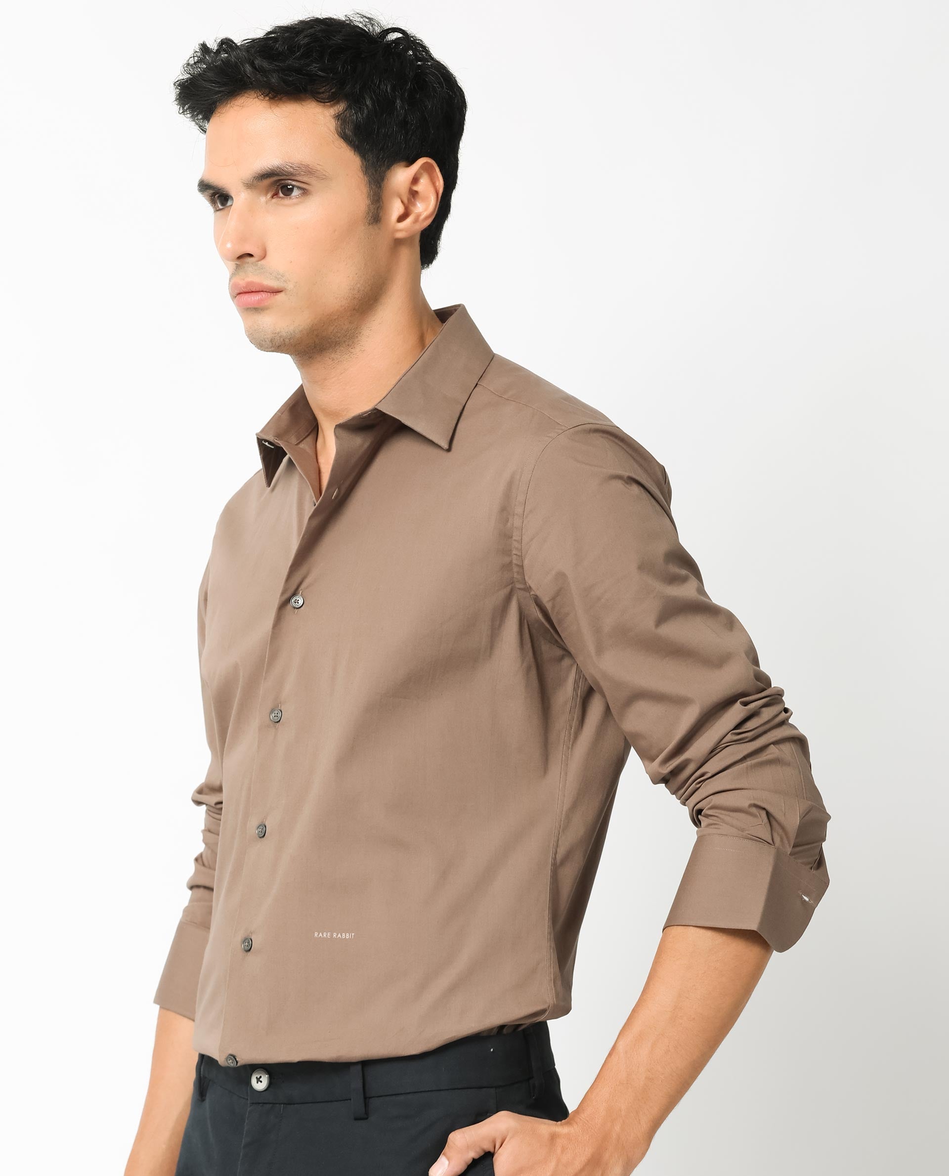 Rare Rabbit Men's Neutons Brown Cotton Plain Regular Fit Full Sleeve Collared Shirt