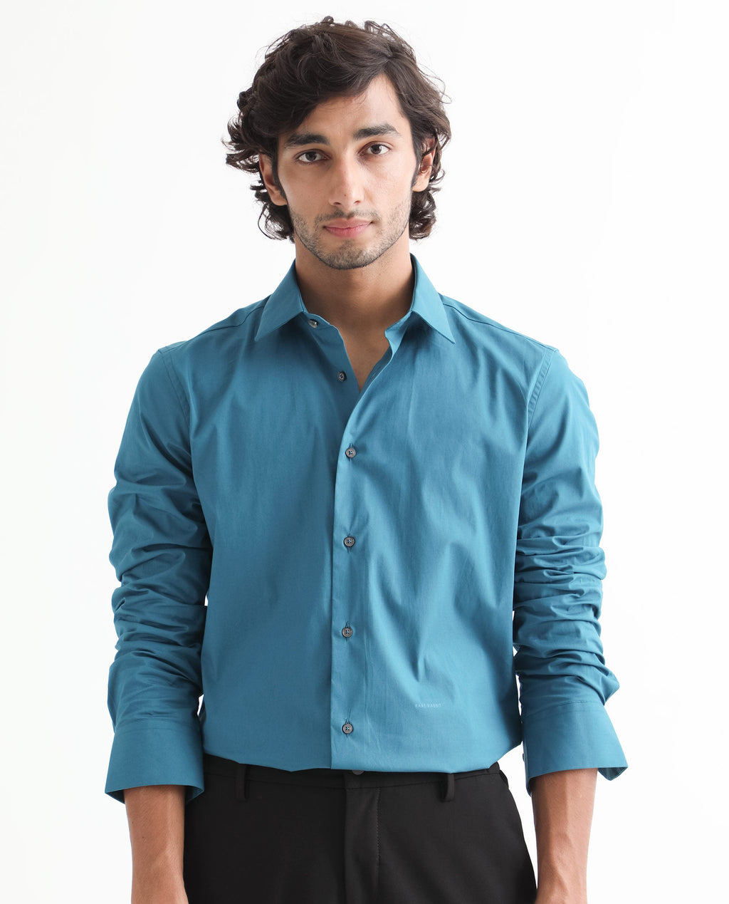 Rare Rabbit Men's Neutronss Petrol Cotton Plain Tailored Fit Full Sleeve Collared Shirt