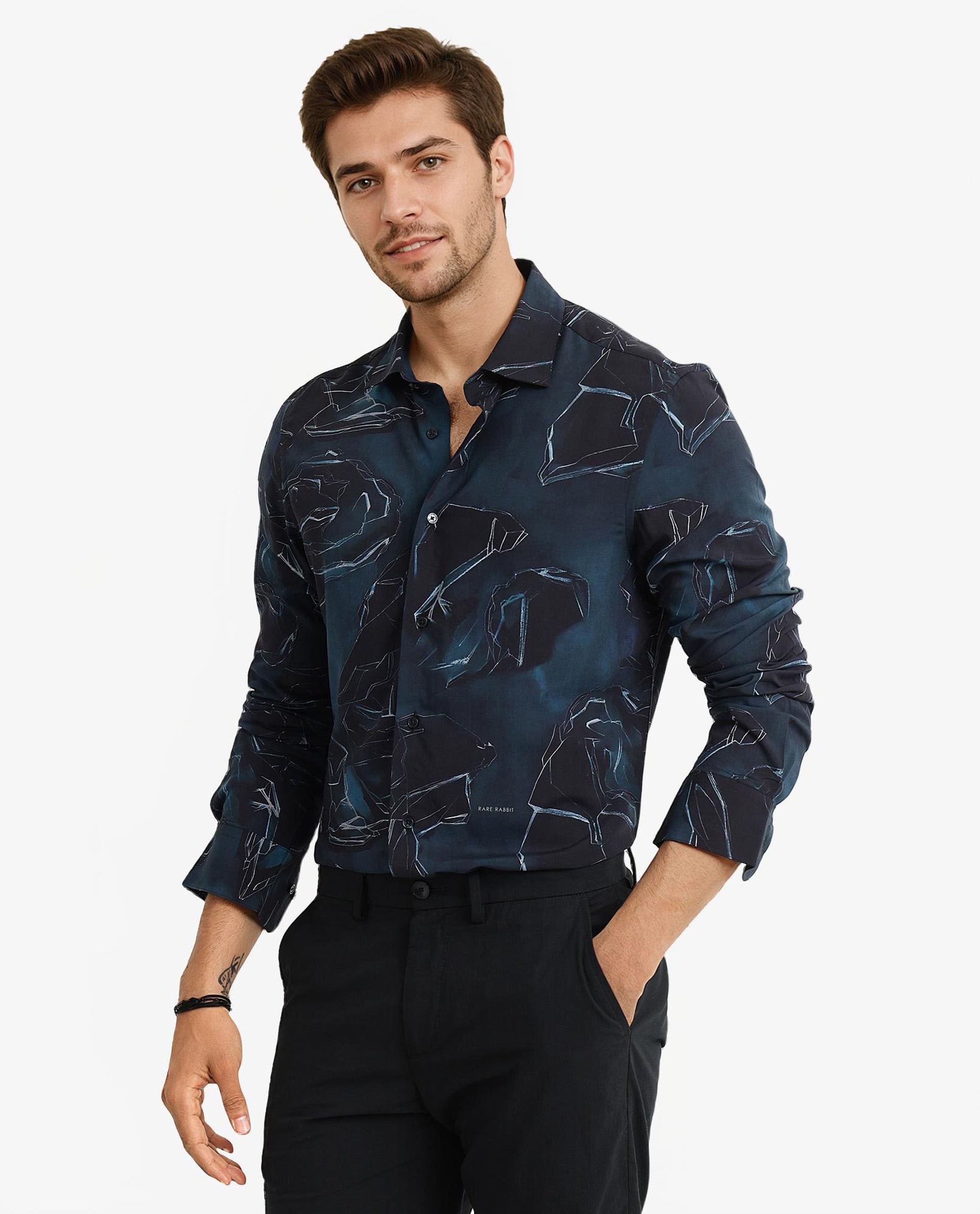 Rare Rabbit Men's Nexus Dark Teal Viscose Abstract Print Regular Fit Full Sleeve Collared Shirt
