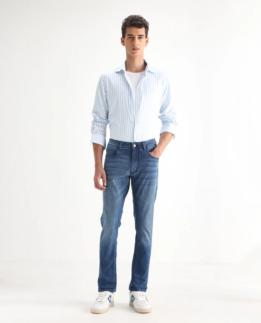 Rare Rabbit Men's Night Light Blue Cotton Plain Hawk Slim Fit Jeans