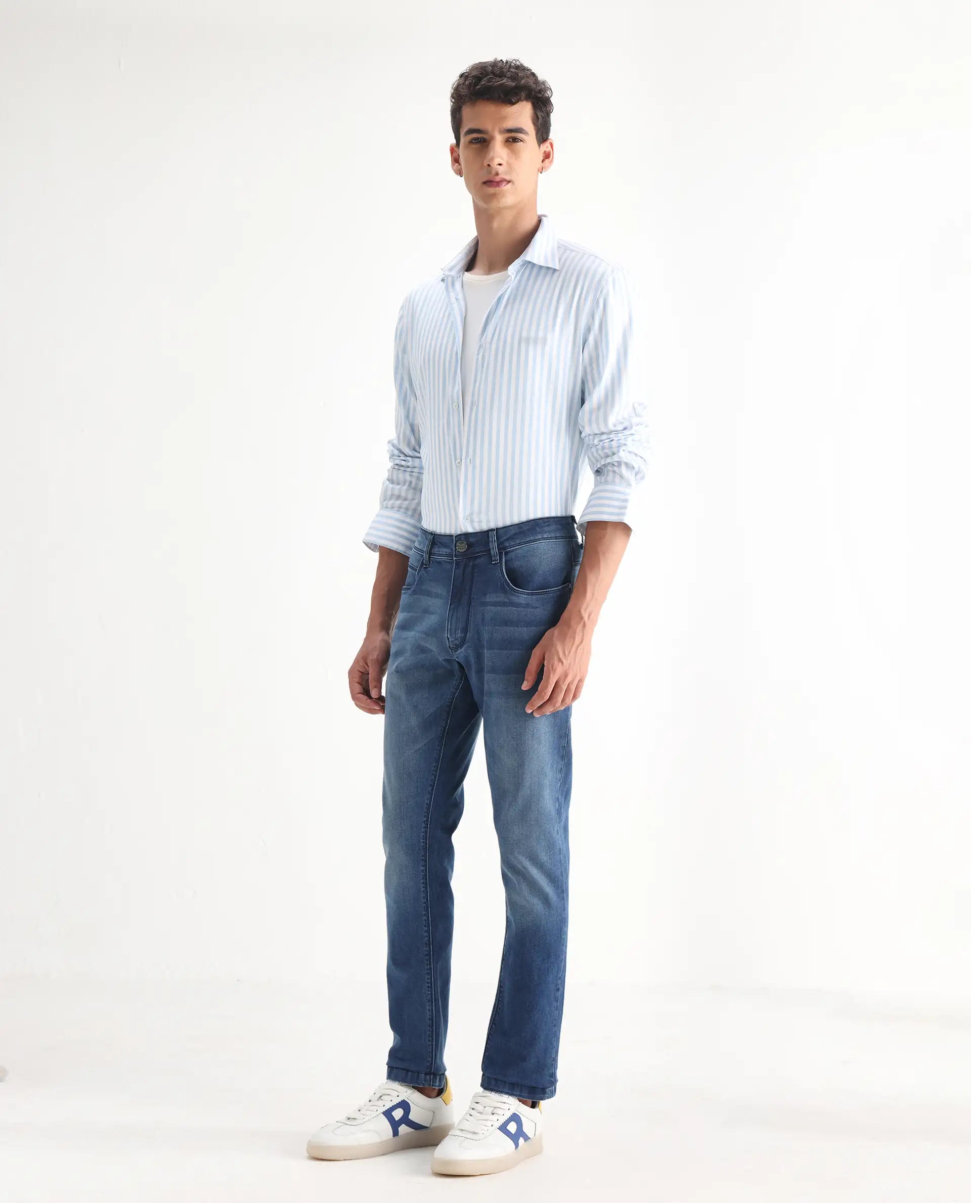 Rare Rabbit Men's Night Light Blue Cotton Plain Hawk Slim Fit Jeans