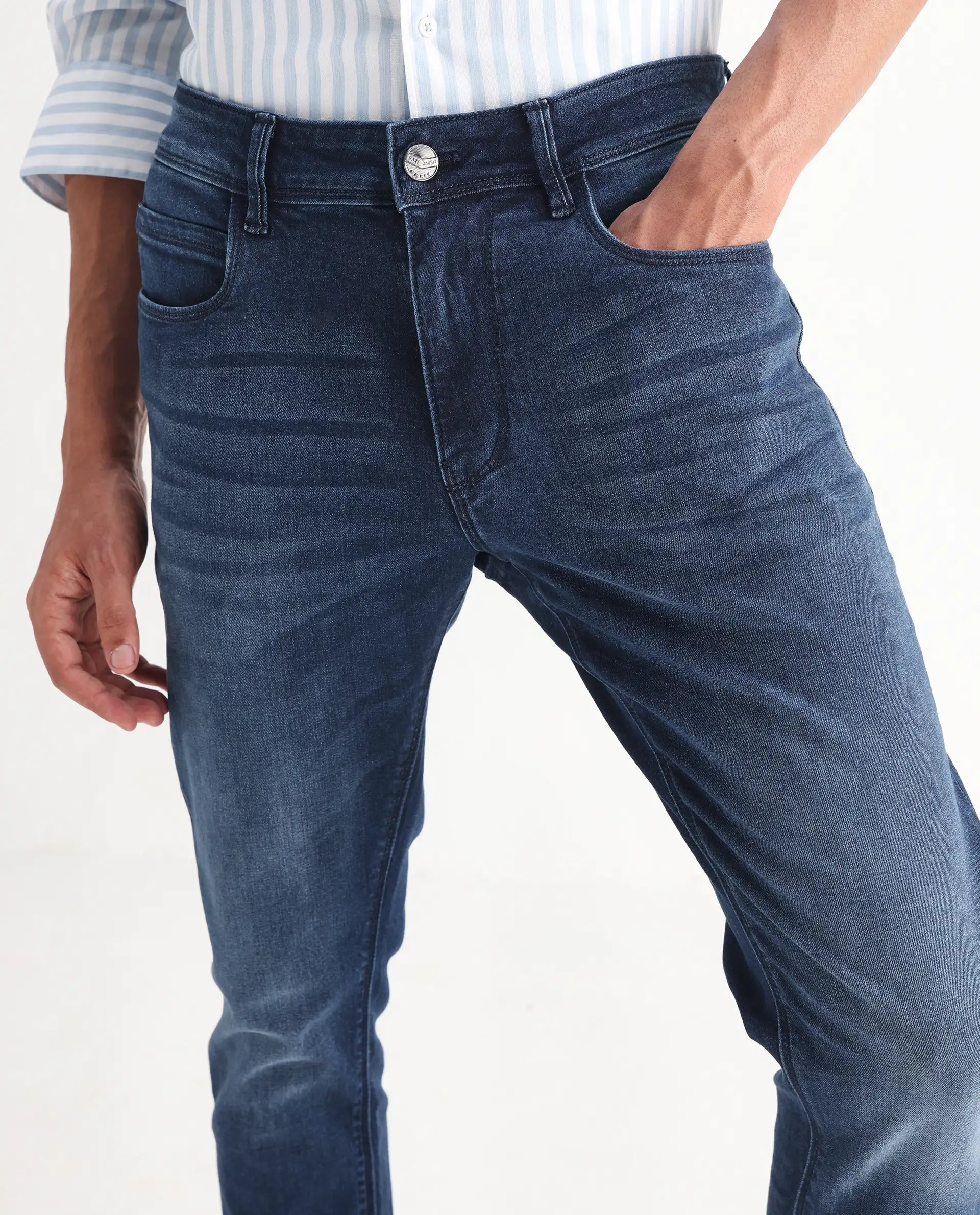 Rare Rabbit Men's Night Dark Blue Cotton Plain Hawk Slim Fit Jeans
