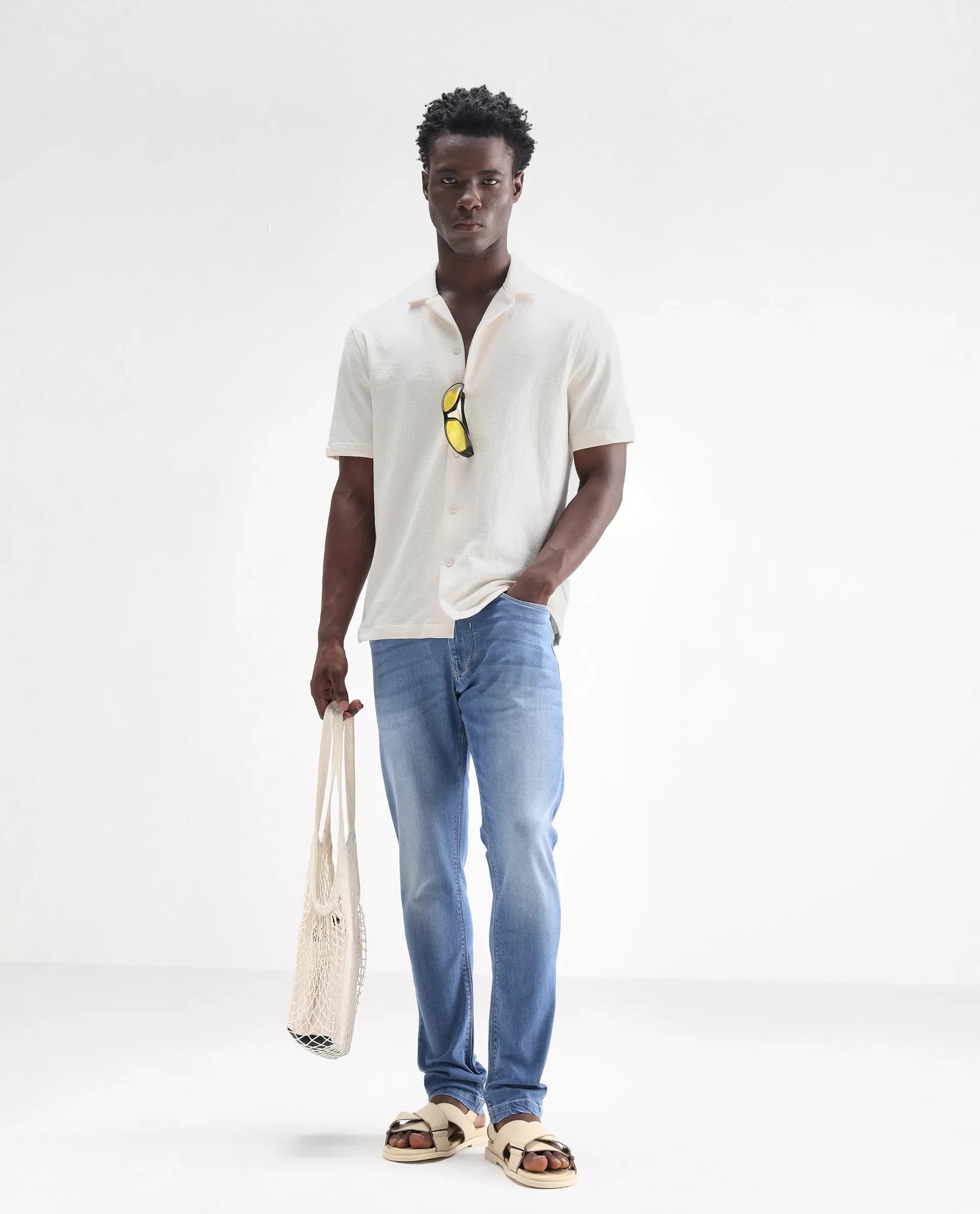 Rare Rabbit Men's Night Pastel Blue Cotton Plain Hawk Slim Fit Jeans