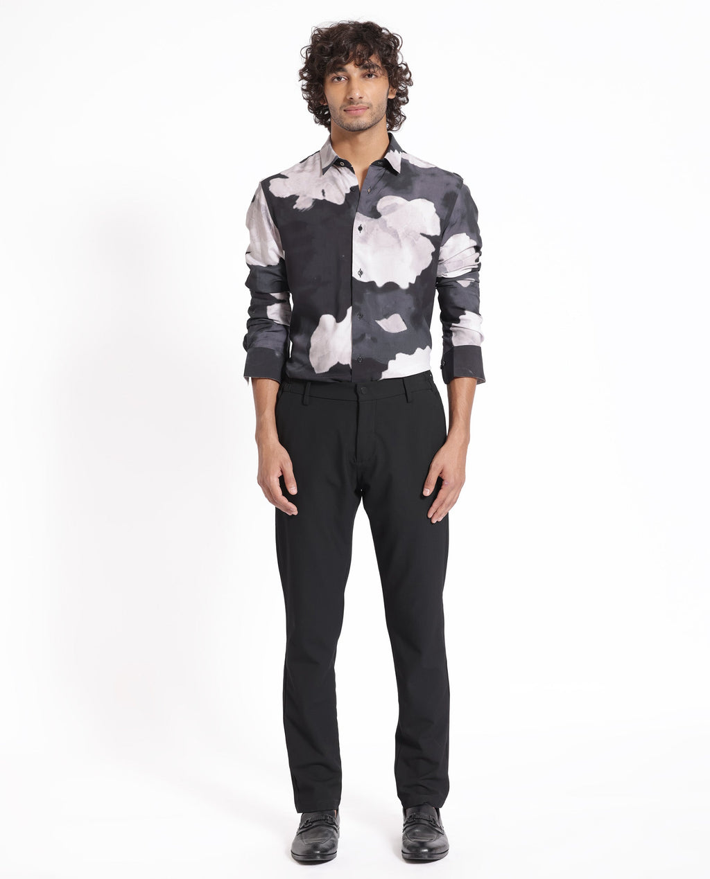 Rare Rabbit Men's Noten Black Viscose Floral Print Regular Fit Full Sleeve Collared Shirt