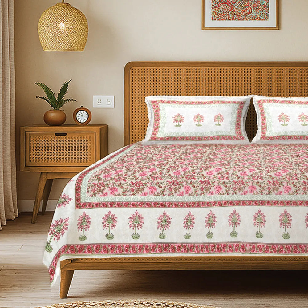 Rajasthani Ethnic 100% Cotton Bedsheet with 2 Pillow Covers, Double & King Bed - Noor Mahal Pink